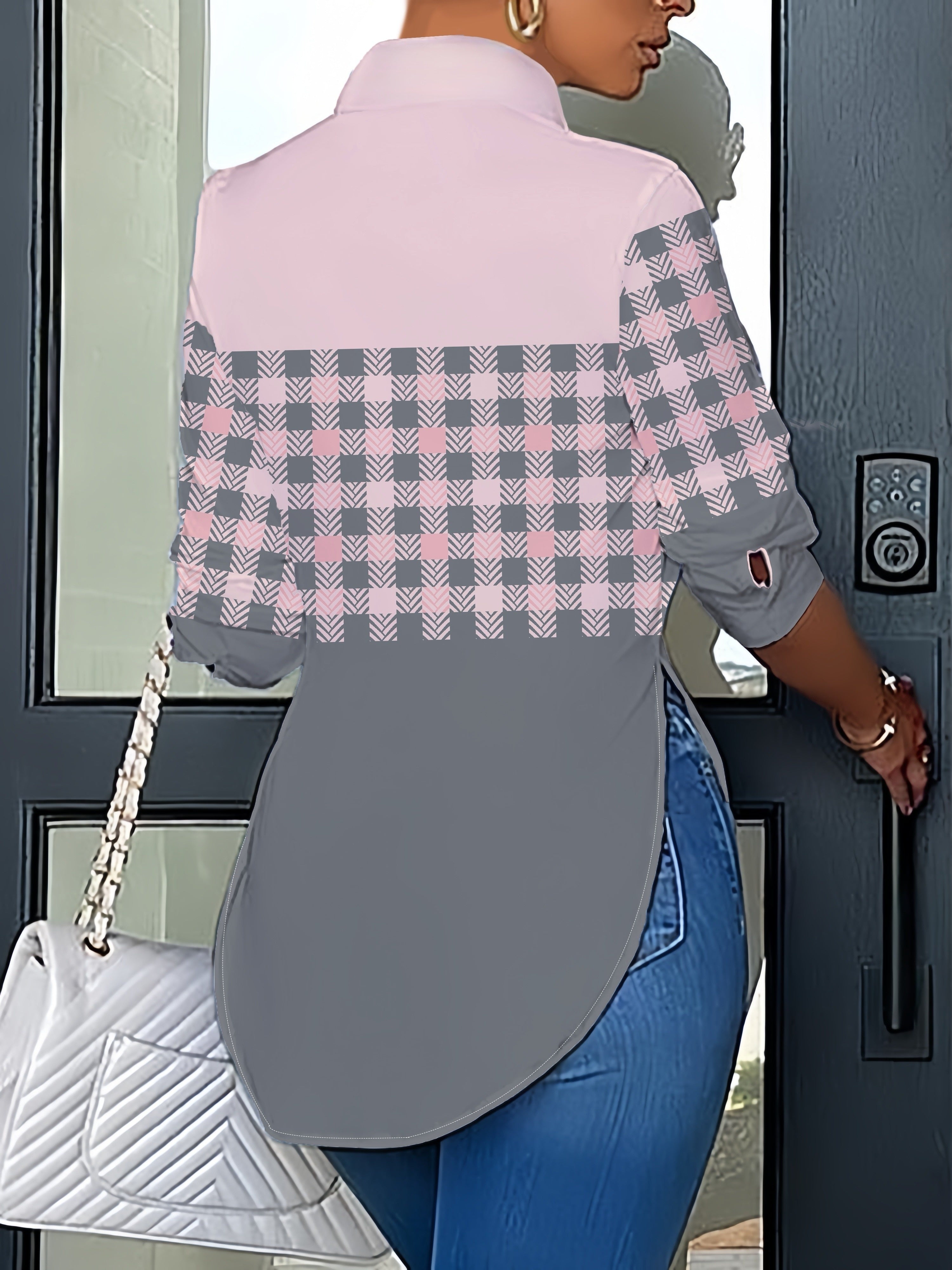 Women's Chic Gradient Plaid Long Sleeve Blouse - Casual Single-Breasted, Lightweight, Split Hem, Button Detail, Versatile Lapel Collar, Sizes S-XXL, Casual Wear Blouse|Plaid Pattern Shirt|Machine Washable