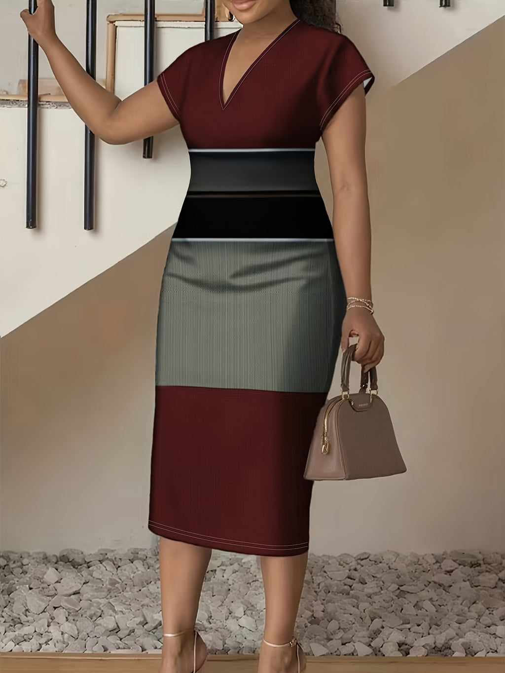 2026 Color Block Wine Red Patchwork V-Neck Slim Fit Sheath Midi Dress Bodycon Midi Dress High Waist Design Elegant Spring And Summer New Commuter Temperament Dress