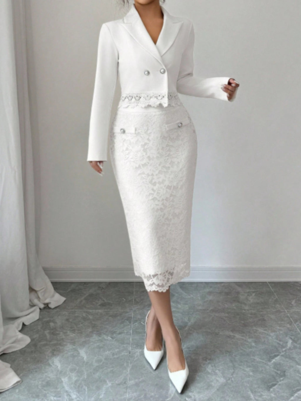 White Double-Breasted Suit Jacket Lace Skirt Set for Women | Elegant And Romantic Version, Suitable for Exquisite Social And Semi-Formal