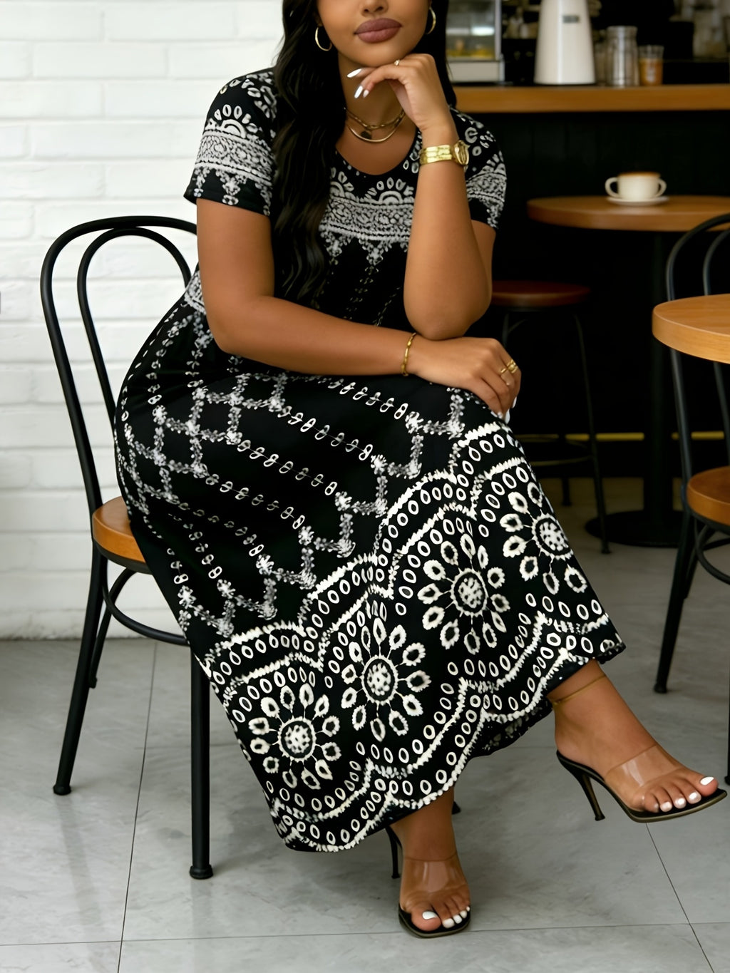 Plus Size- Plus Size- Plus Size Geometric Tribal Print Maxi Dress for Women, Short Sleeve Crewneck Loose Fit Long Dress, Versatile Spring Summer Outfit for Work Vacation Daily 0XL-7XL Suitable for Leisure Sports Scenarios