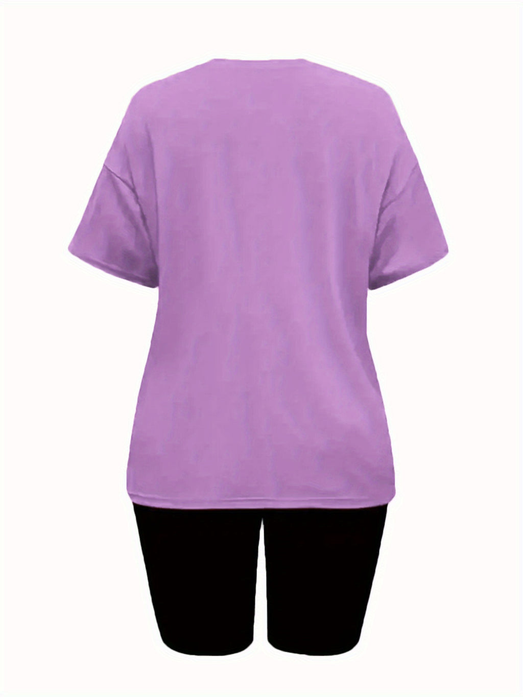 Women's Fashion Round Neck Purple Butterfly Print Casual Short Sleeve Shorts Set