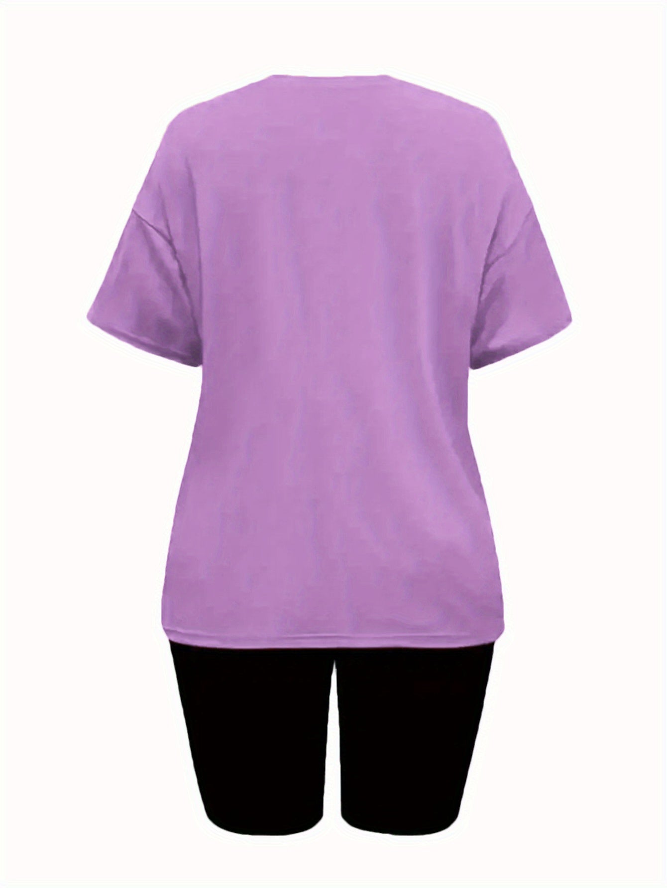 Women's Fashion Round Neck Purple Butterfly Print Casual Short Sleeve Shorts Set