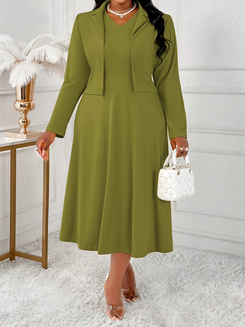 Plus Size - Plus Size - Plus Size Women'S Temperament Elegant Solid Color Long Sleeve Lapel Coat And V-Neck Vest Dress Set