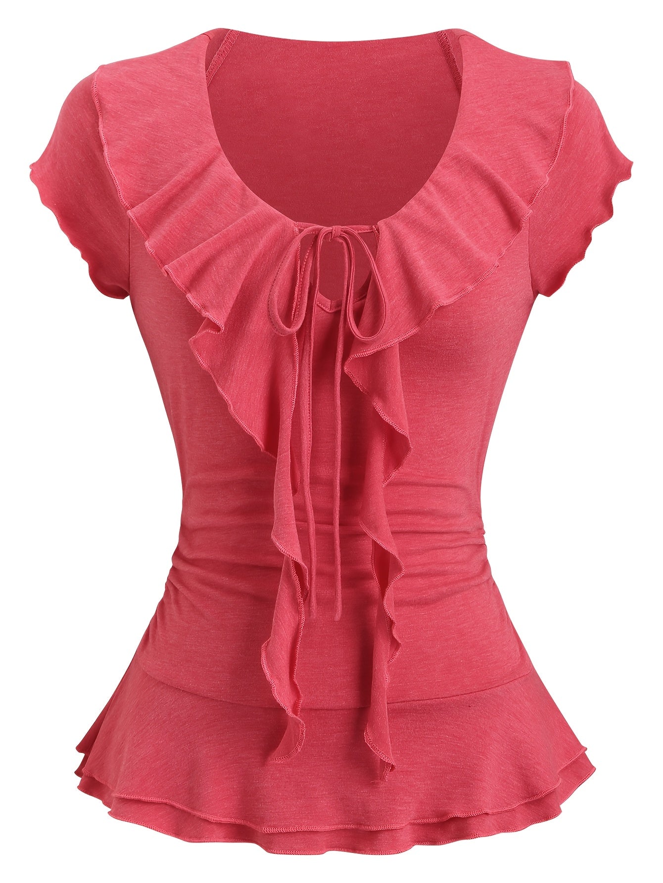 Women'S Spring And Summer Solid Color Short-Sleeved Round Neck Tie Romantic Ruffle Design Soft, Light, Slim, Casual, Cute T-Shirt