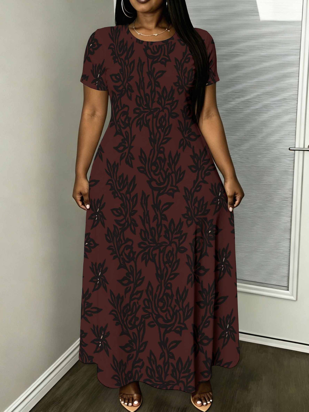 Floral Print Women'S Dress Plus Size Midi Dress Casual Elegant Style Dark Red with Black Pattern Short Sleeve Round Neck Loose Fit for Everyday Wear And Light Activities
