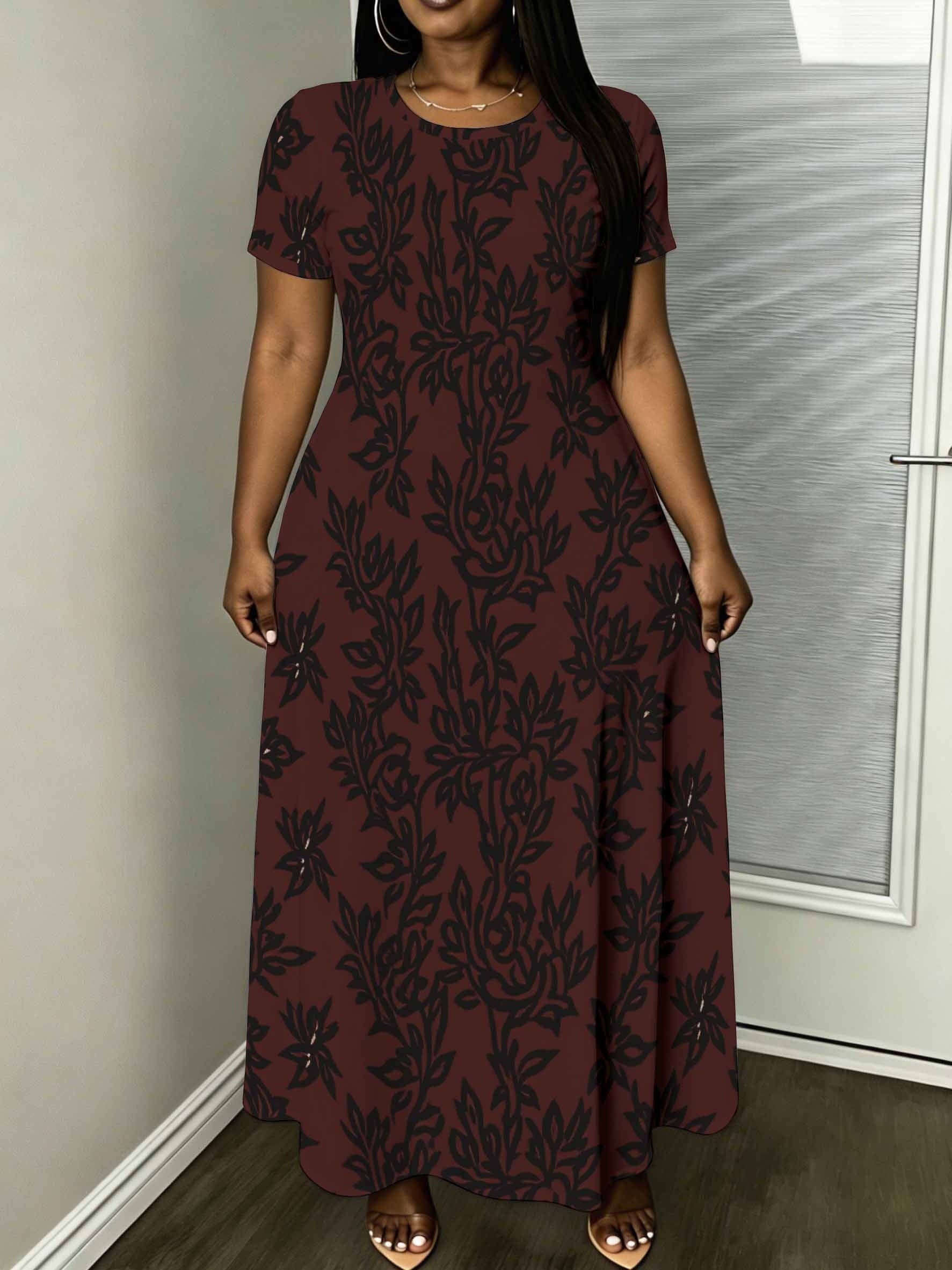 Floral Print Women'S Dress Plus Size Midi Dress Casual Elegant Style Dark Red with Black Pattern Short Sleeve Round Neck Loose Fit for Everyday Wear And Light Activities