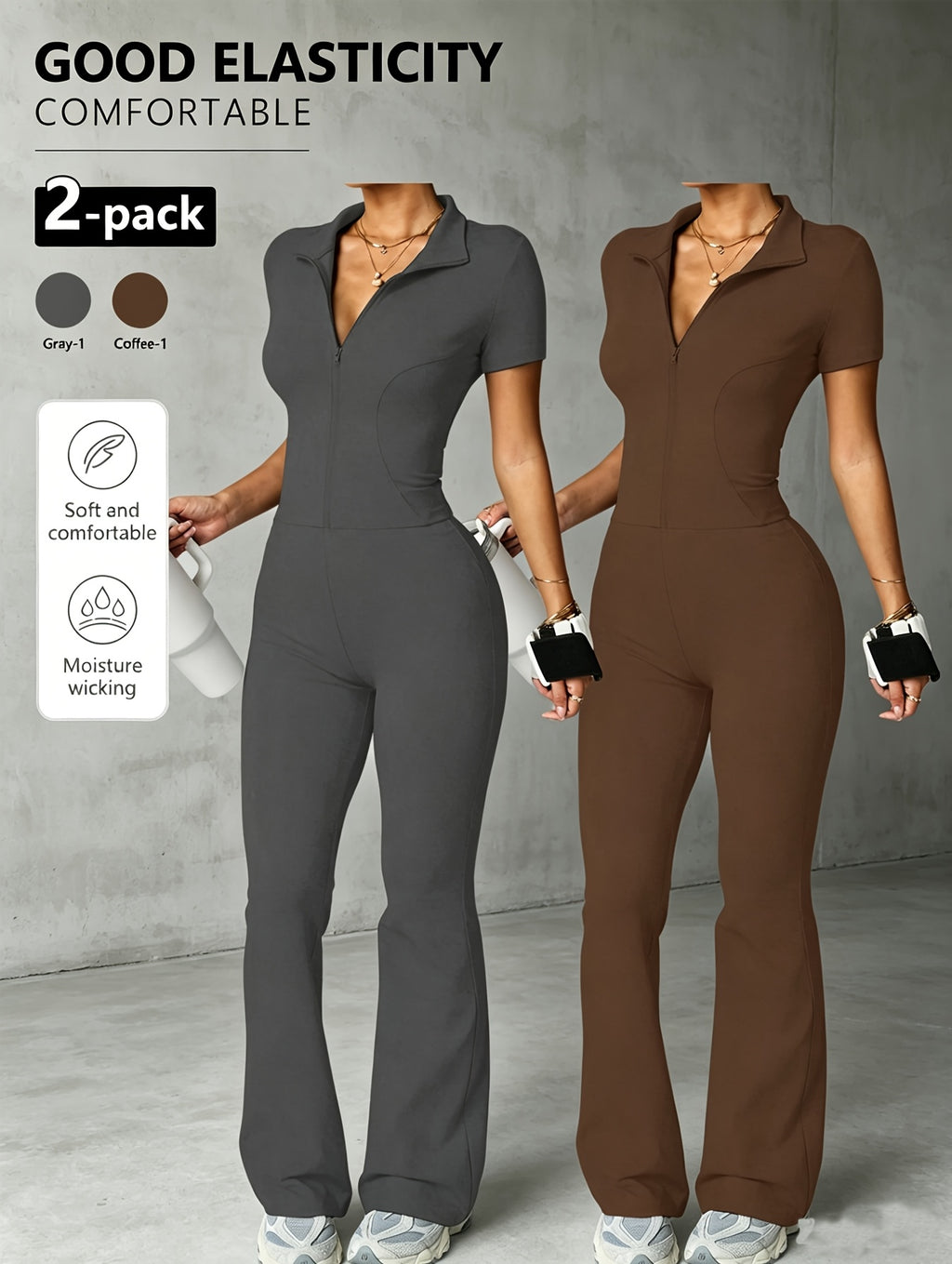 2-Pack Zip-Up Collared Flare Jumpsuits, High Elasticity, Skin-Friendly And Moisture-Wicking. Slim Fit to Flaunt Your Figure, Perfect for Casual, Sports, Outings And Dates