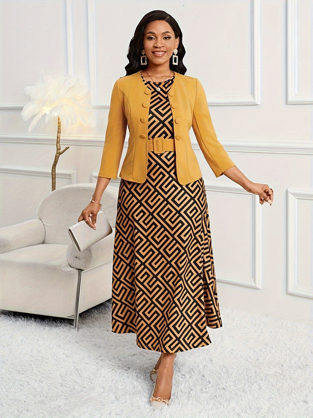 2026 Spring And Autumn Women'S Fashion Set European And American Spring And Autumn Elegant Style Button Lapel Seven-Sleeve Jacket + Sleeveless Round Neck A-Line Skirt with Belt Dress Set (Sizes Run Small, Quite Slim-Fitting