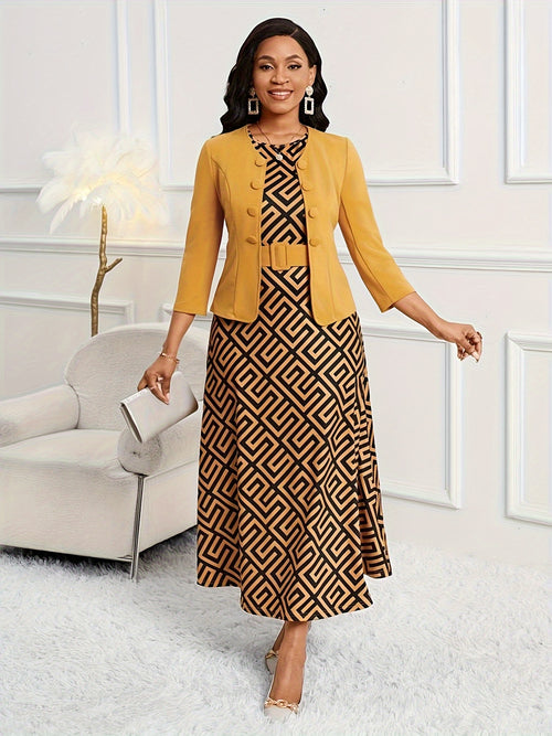 2026 Spring And Autumn Women'S Fashion Set European And American Spring And Autumn Elegant Style Button Lapel Seven-Sleeve Jacket + Sleeveless Round Neck A-Line Skirt with Belt Dress Set (Sizes Run Small, Quite Slim-Fitting