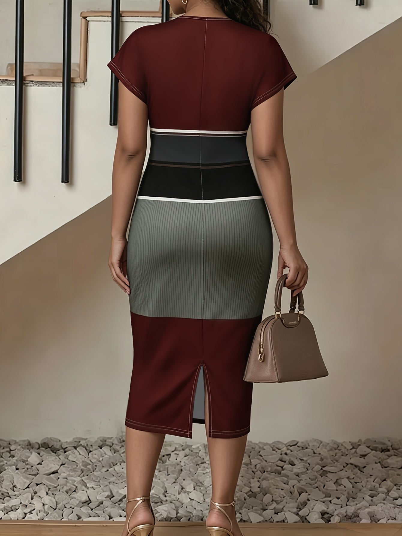 2026 Color Block Wine Red Patchwork V-Neck Slim Fit Sheath Midi Dress Bodycon Midi Dress High Waist Design Elegant Spring And Summer New Commuter Temperament Dress