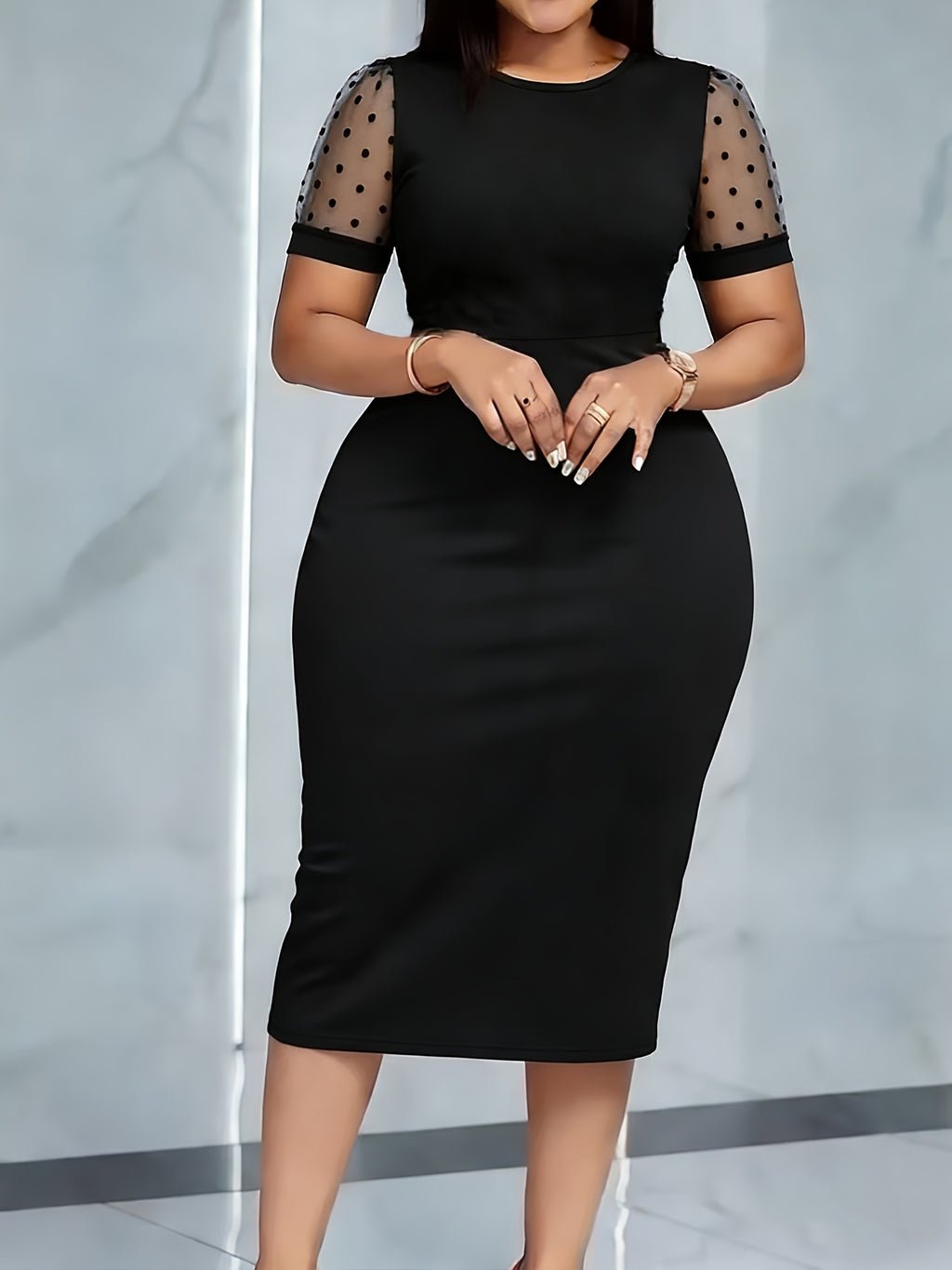 Women's Dress | Women's Black Round Neck Dress | Short Sleeve Polka Dot Transparent Splicing Midi Dress | Elegant and Stylish Office Daily Clothing
