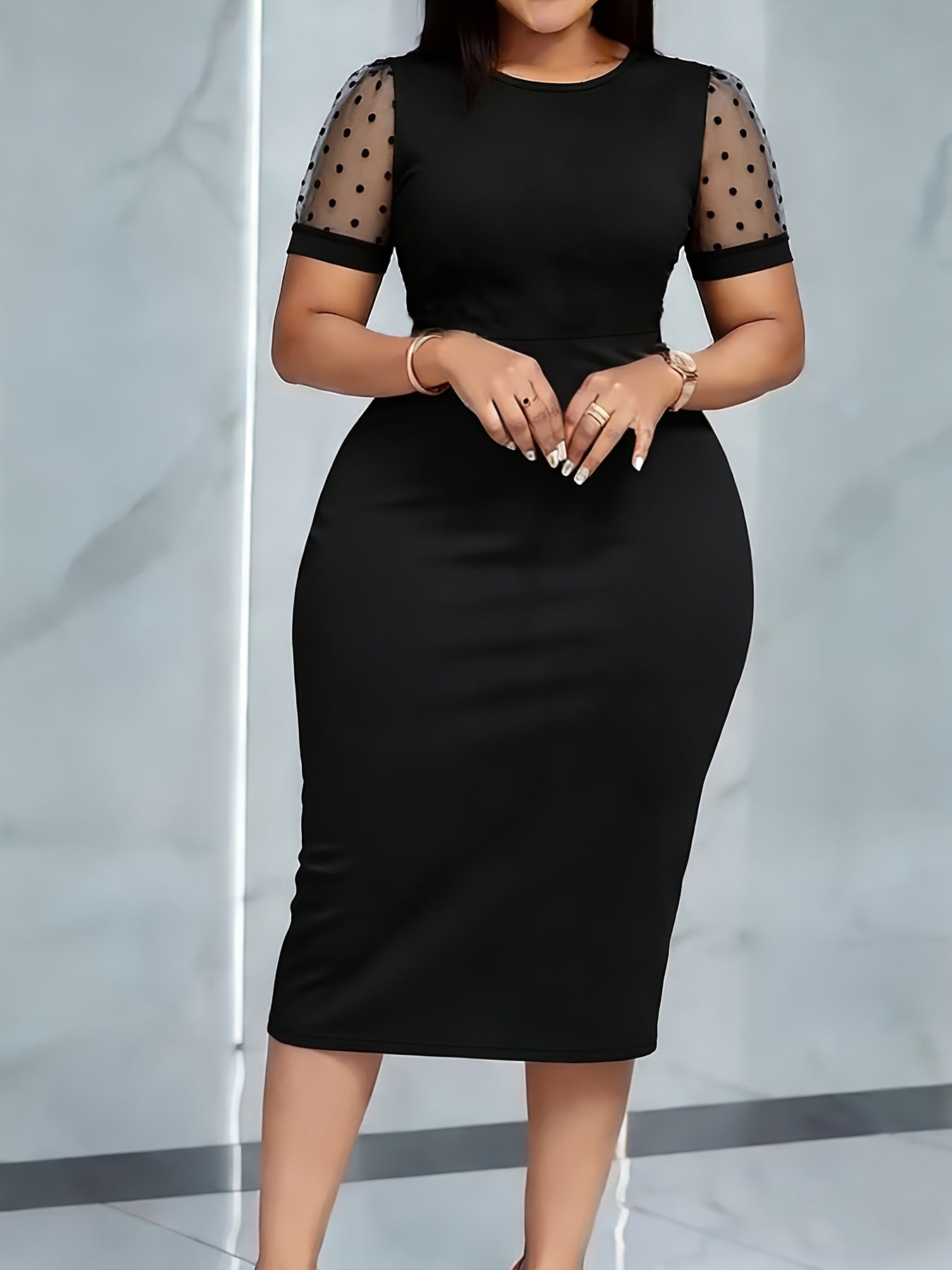 Women's Dress | Women's Black Round Neck Dress | Short Sleeve Polka Dot Transparent Splicing Midi Dress | Elegant and Stylish Office Daily Clothing