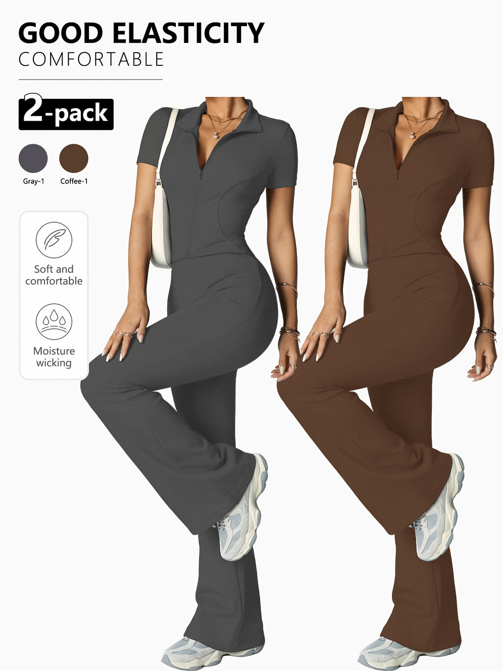 2-Pack Zip-Up Collared Flare Jumpsuits, High Elasticity, Skin-Friendly And Moisture-Wicking. Slim Fit to Flaunt Your Figure, Perfect for Casual, Sports, Outings And Dates