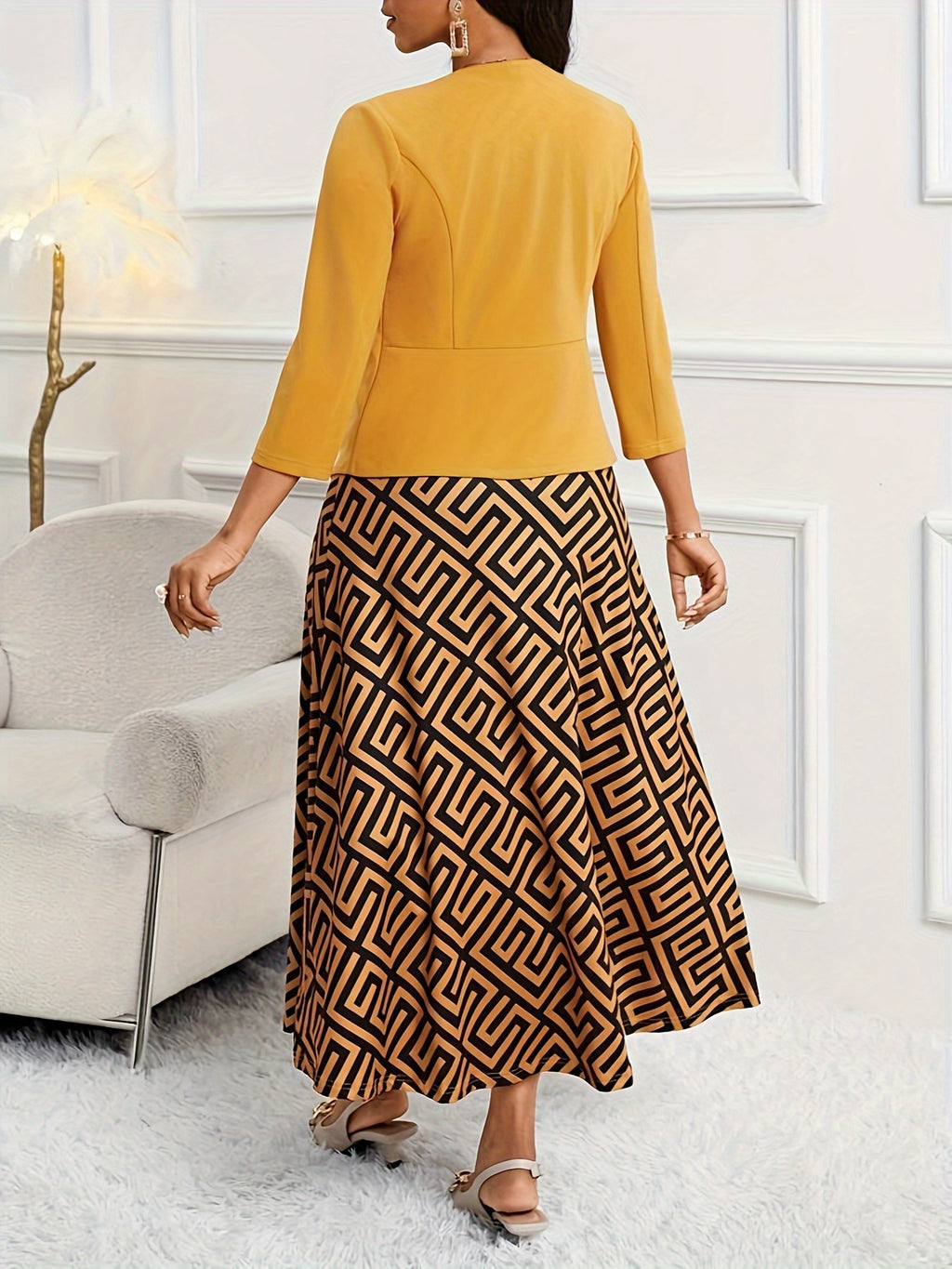 2026 Spring And Autumn Women'S Fashion Set European And American Spring And Autumn Elegant Style Button Lapel Seven-Sleeve Jacket + Sleeveless Round Neck A-Line Skirt with Belt Dress Set (Sizes Run Small, Quite Slim-Fitting