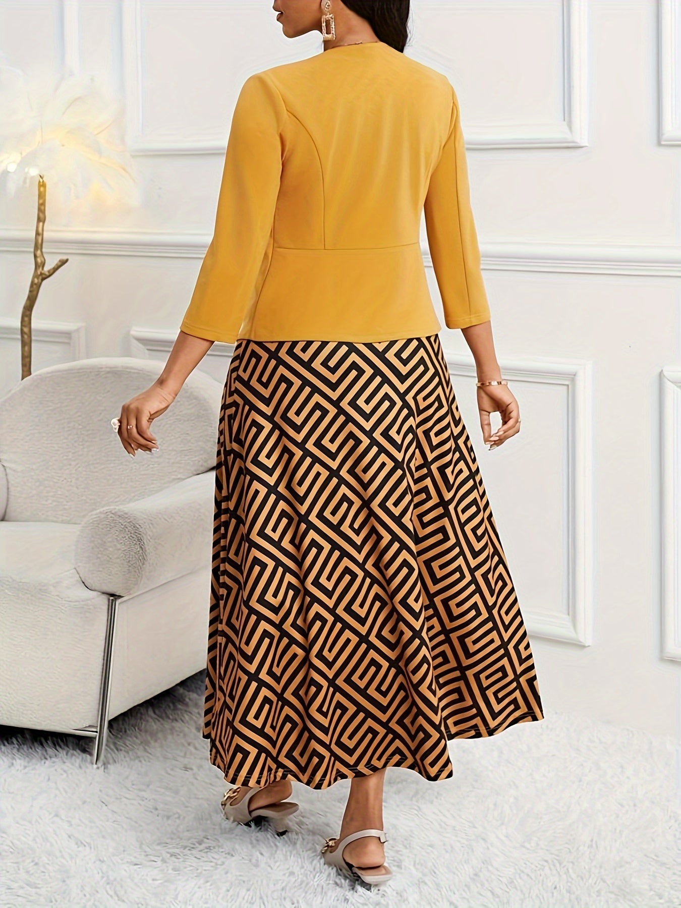 2026 Spring And Autumn Women'S Fashion Set European And American Spring And Autumn Elegant Style Button Lapel Seven-Sleeve Jacket + Sleeveless Round Neck A-Line Skirt with Belt Dress Set (Sizes Run Small, Quite Slim-Fitting