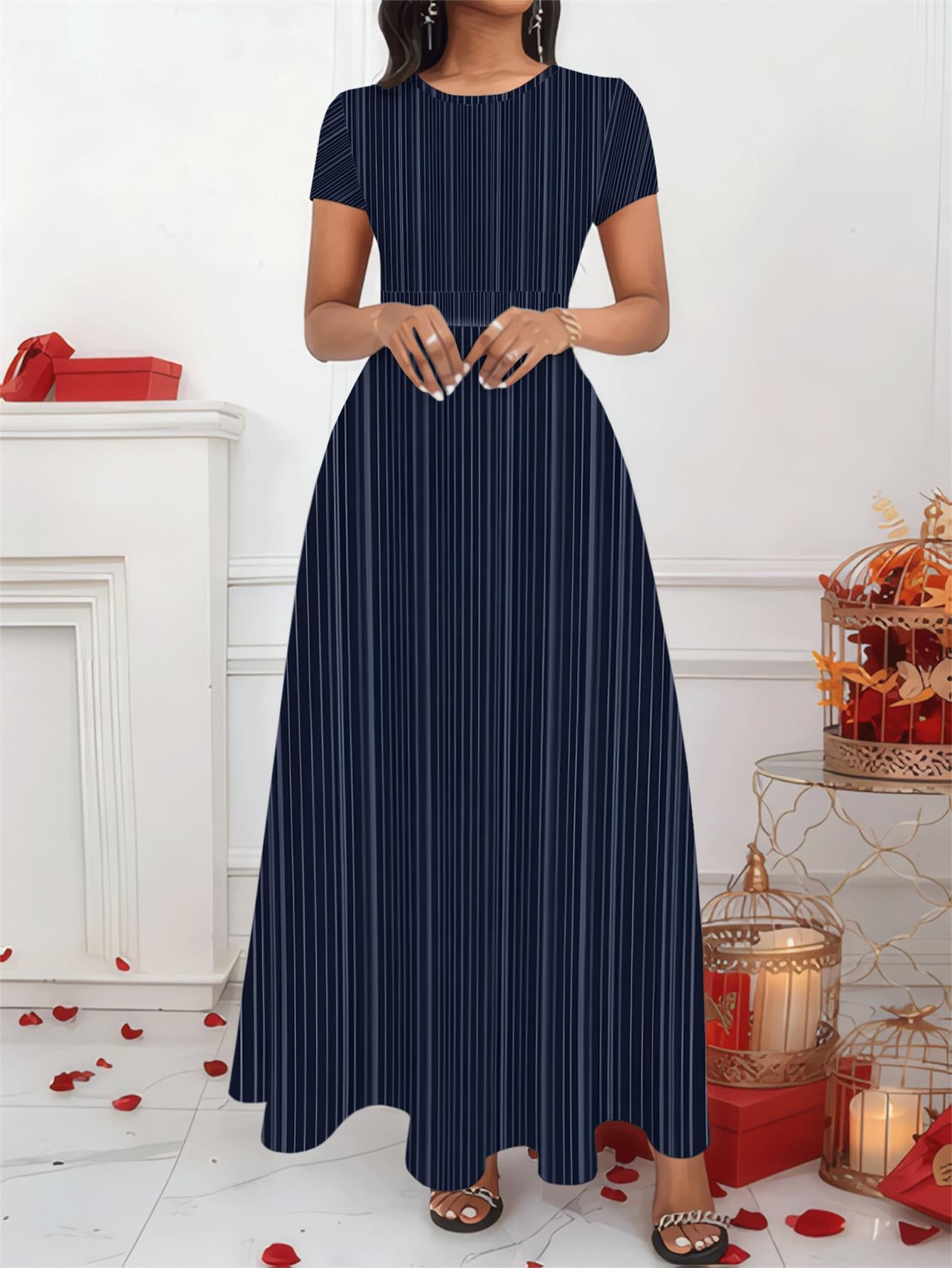 Plus Size, Women's Striped Full-Body Print Maxi Dress with Short Sleeves & High Waist - Wrinkle-Resistant Swing Dress Suitable for Work, Office, Party | Machine Washable Loose Flowy Dress for Summer, Vacation, Commute | Crew Neck -Line Dress