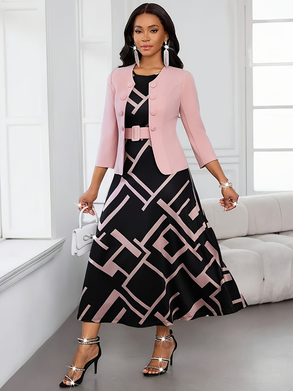 Valentine's Day New Year Holiday Party Button-Front 7/8 Sleeve Jacket Geometric Print Round Neck Sleeveless A-Line Belted Dress 2pcs Set