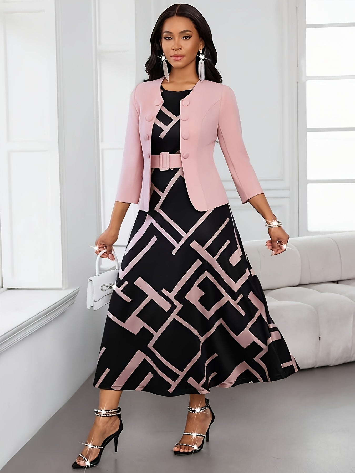 Valentine's Day New Year Holiday Party Button-Front 7/8 Sleeve Jacket Geometric Print Round Neck Sleeveless A-Line Belted Dress 2pcs Set