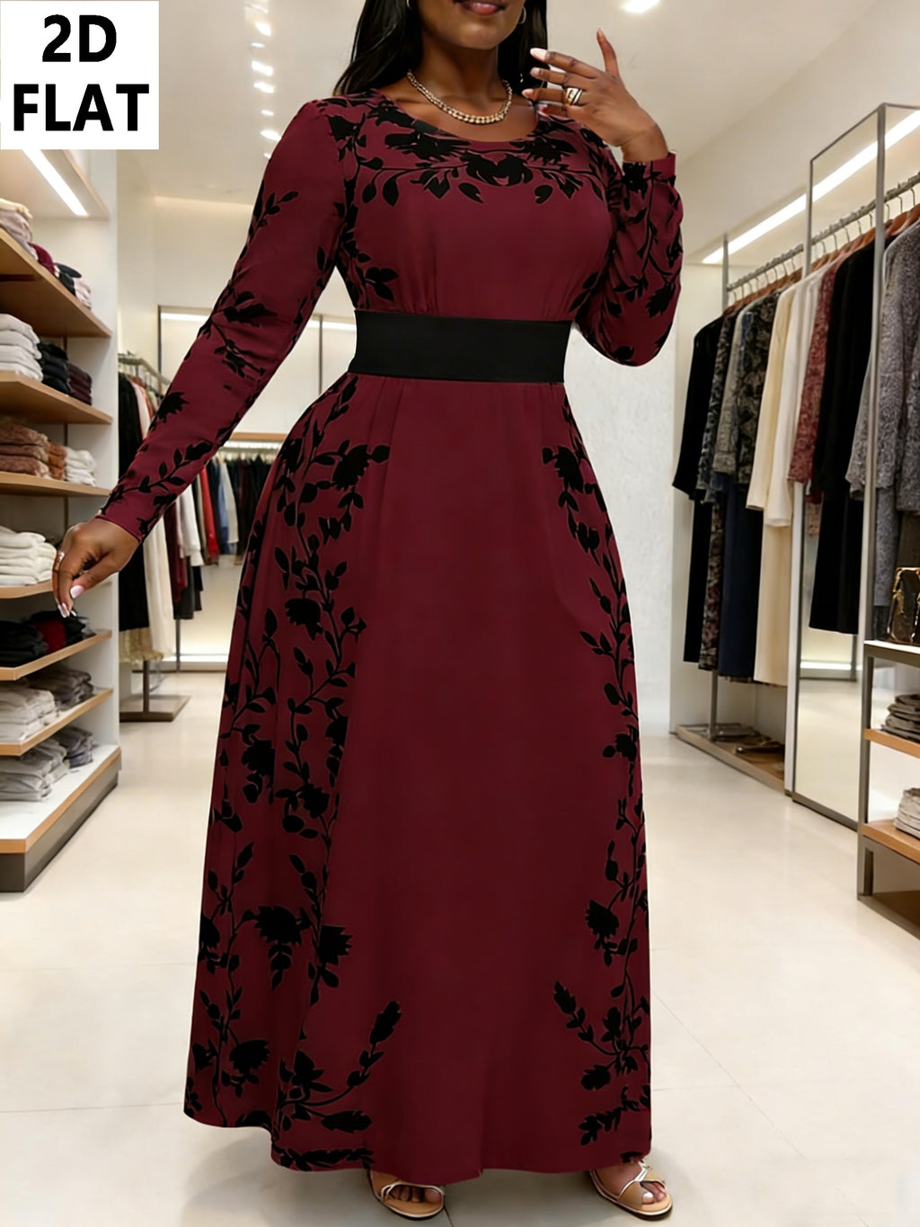 Black Floral Pattern Long Sleeved Waist Tied Dress | 2D Flat, Retro Leaf Print, Elegant Round Neck, Wild Style, Suitable For Parties And Commuting Casual Wear, Soft Fabric