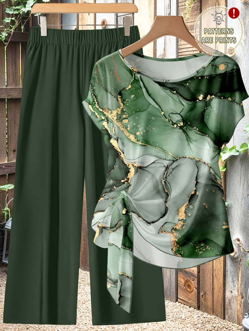 Women'S Green Alcohol Ink Marble Print Side Tie Knot Short Sleeve Top And Elastic Waist Solid Dark Green Wide Leg Pants 2pcs Outfit, Suitable for Home Loungewear, Daily Commute, Shopping, Casual Gathering, Short Trip