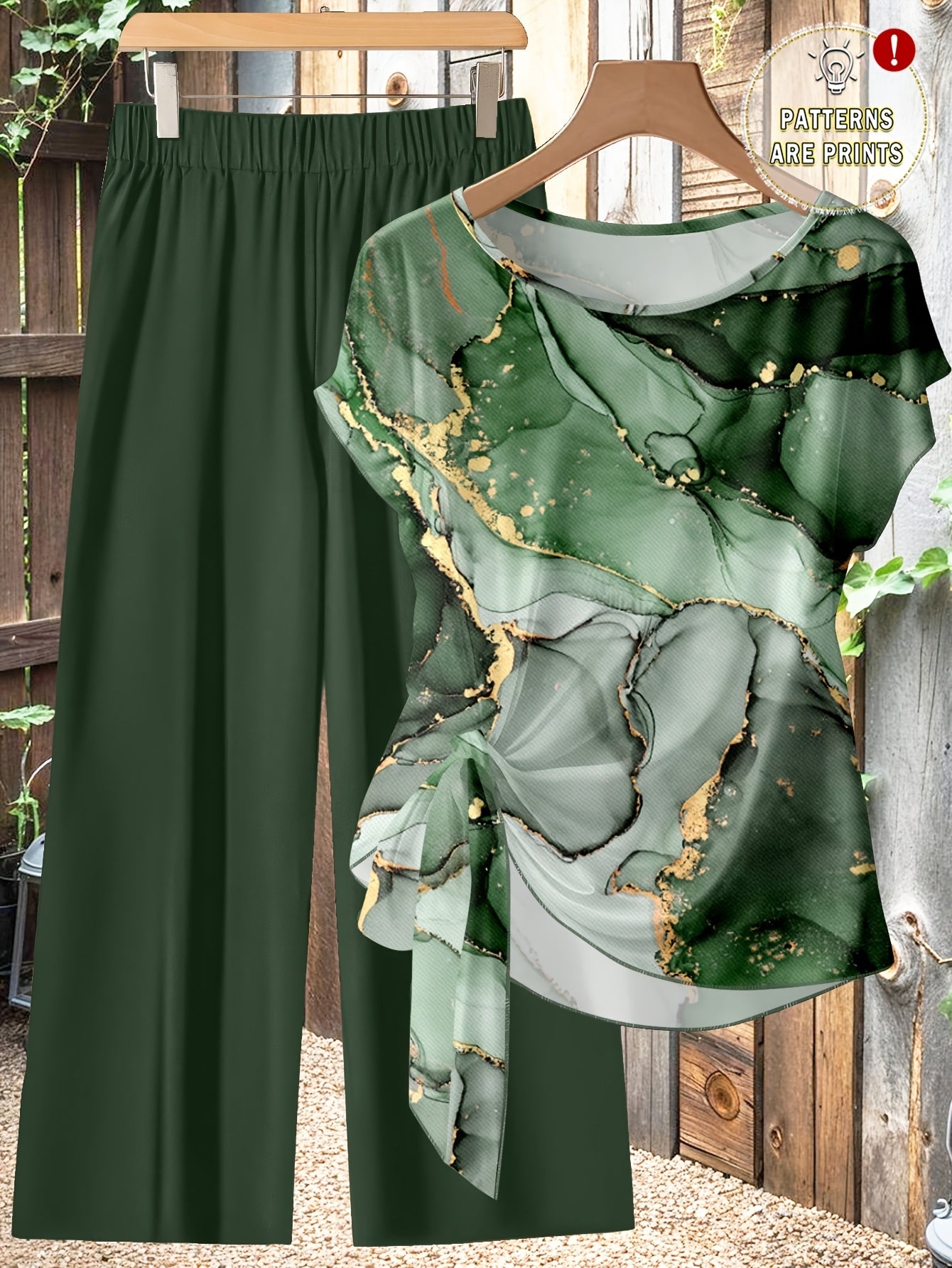 Women'S Green Alcohol Ink Marble Print Side Tie Knot Short Sleeve Top And Elastic Waist Solid Dark Green Wide Leg Pants 2pcs Outfit, Suitable for Home Loungewear, Daily Commute, Shopping, Casual Gathering, Short Trip
