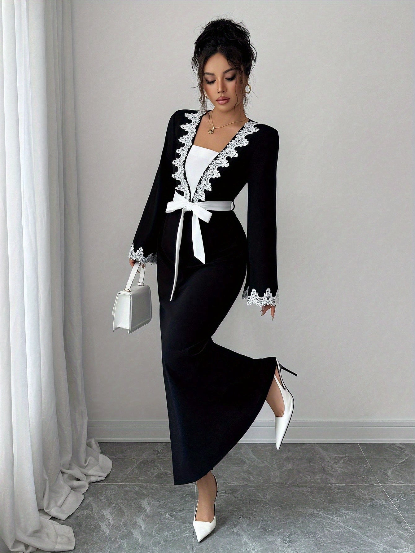 Women'S Elegant Dress, Wide Sleeve, Waist-Cinching Tie, Lace Trimmed Neckline, Suitable for Daily Wear, Various Occasions, And Fall Winter Season
