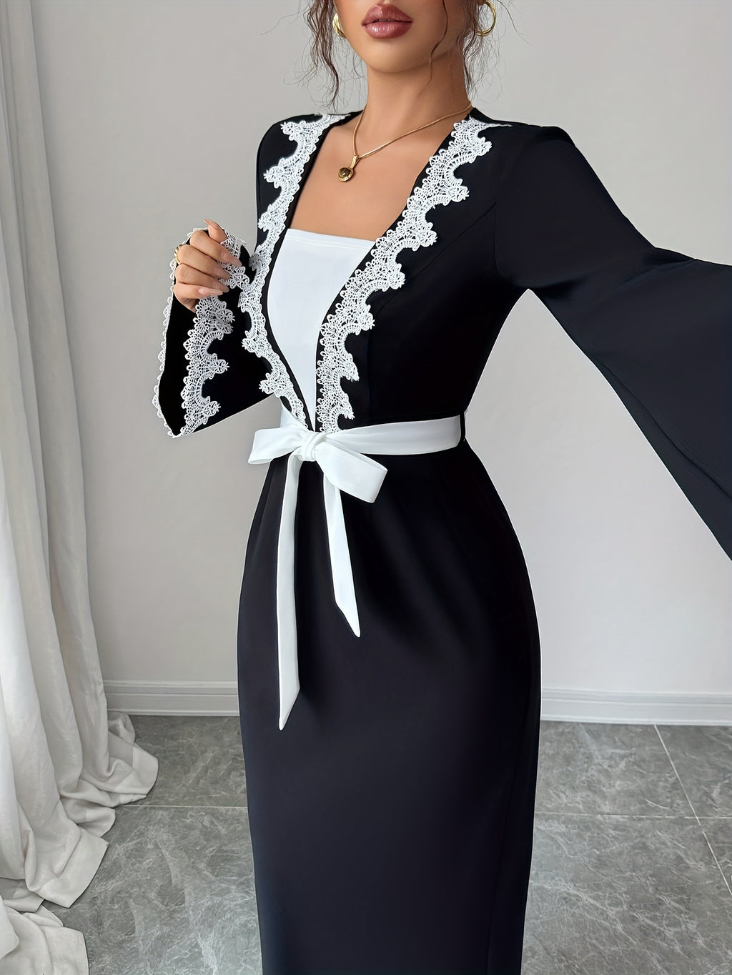Women'S Elegant Dress, Wide Sleeve, Waist-Cinching Tie, Lace Trimmed Neckline, Suitable for Daily Wear, Various Occasions, And Fall Winter Season