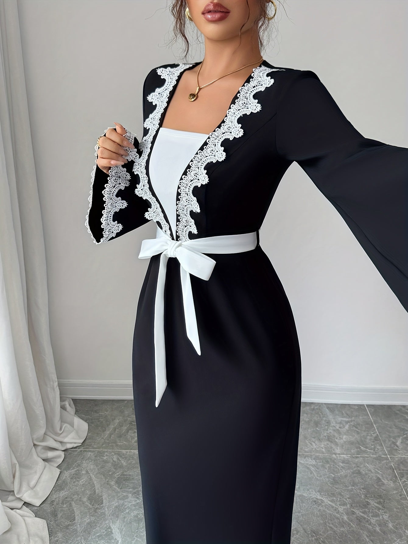 Women'S Elegant Dress, Wide Sleeve, Waist-Cinching Tie, Lace Trimmed Neckline, Suitable for Daily Wear, Various Occasions, And Fall Winter Season