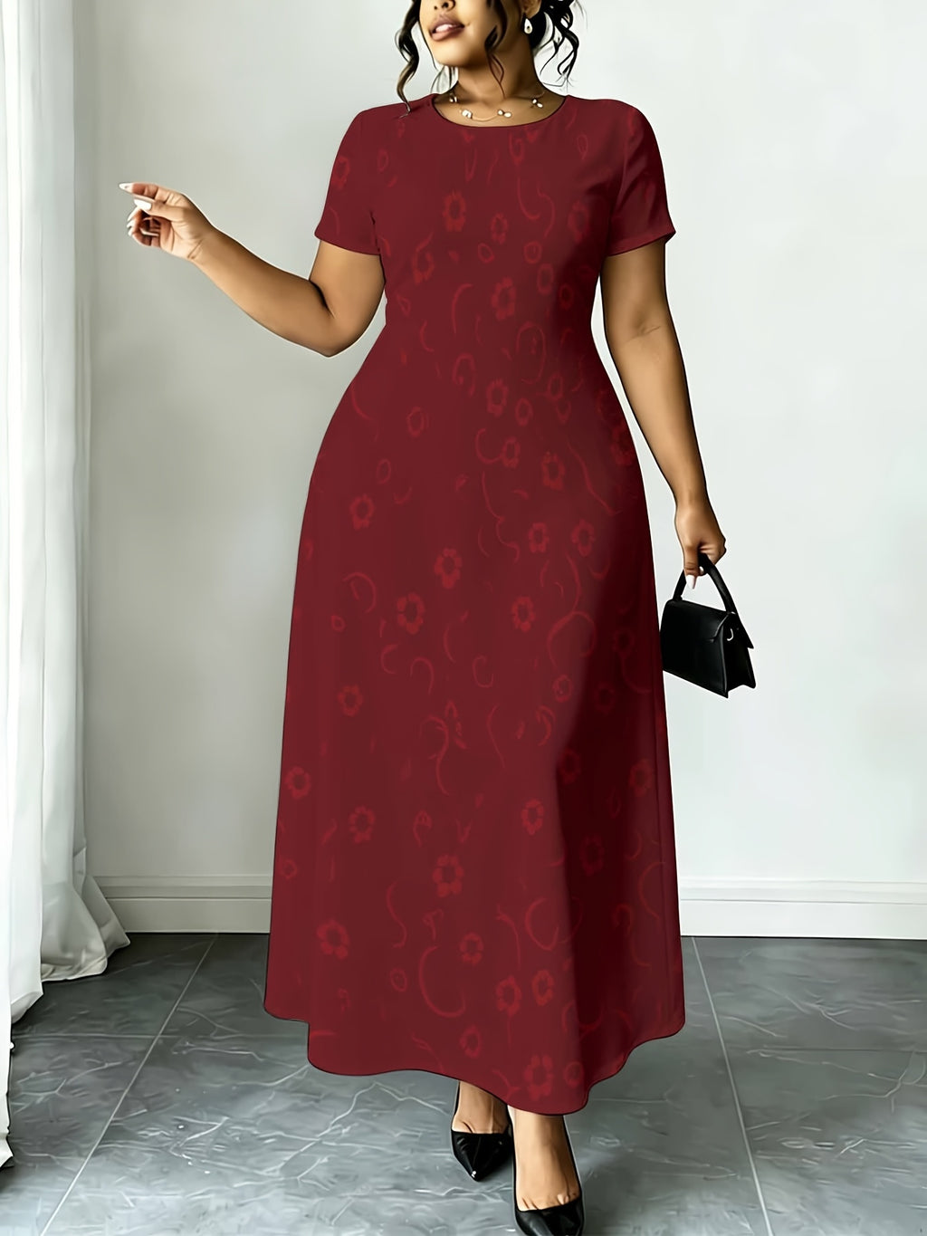 Short-Sleeved Belted Maxi Dress Floral Print Women'S Dress, Burgundy Short-Sleeved Midi Dress, Casual And Elegant Style, Suitable for Daily Wear And Light