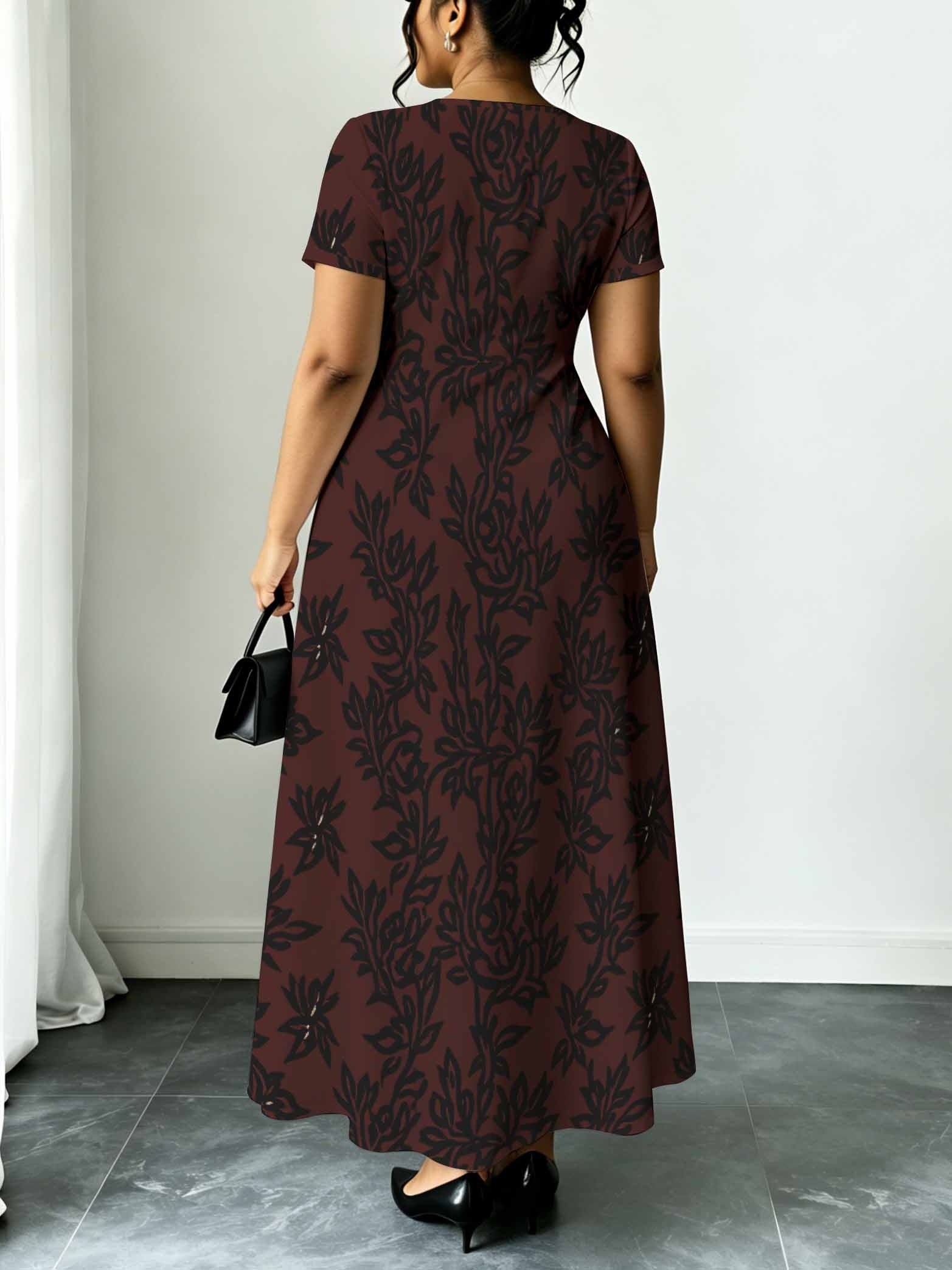 Floral Print Women'S Dress Plus Size Midi Dress Casual Elegant Style Dark Red with Black Pattern Short Sleeve Round Neck Loose Fit for Everyday Wear And Light Activities