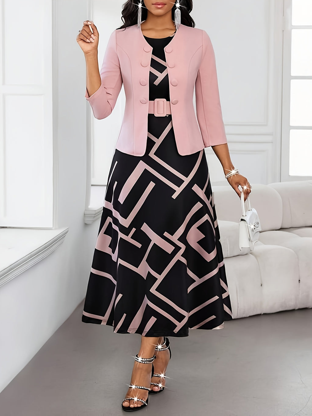 Valentine's Day New Year Holiday Party Button-Front 7/8 Sleeve Jacket Geometric Print Round Neck Sleeveless A-Line Belted Dress 2pcs Set