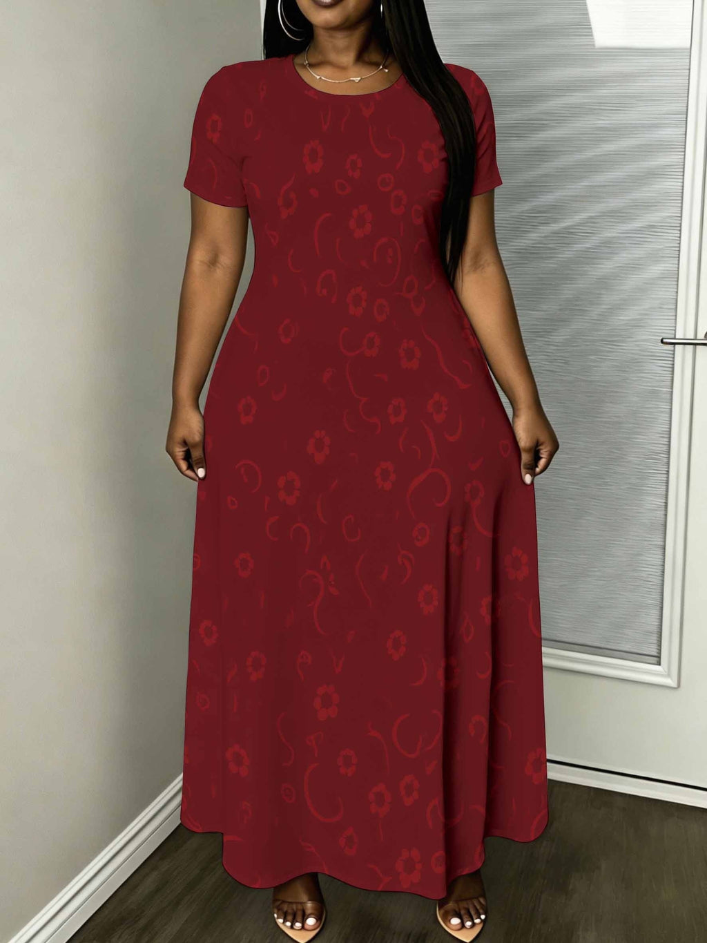 Short-Sleeved Belted Maxi Dress Floral Print Women'S Dress, Burgundy Short-Sleeved Midi Dress, Casual And Elegant Style, Suitable for Daily Wear And Light