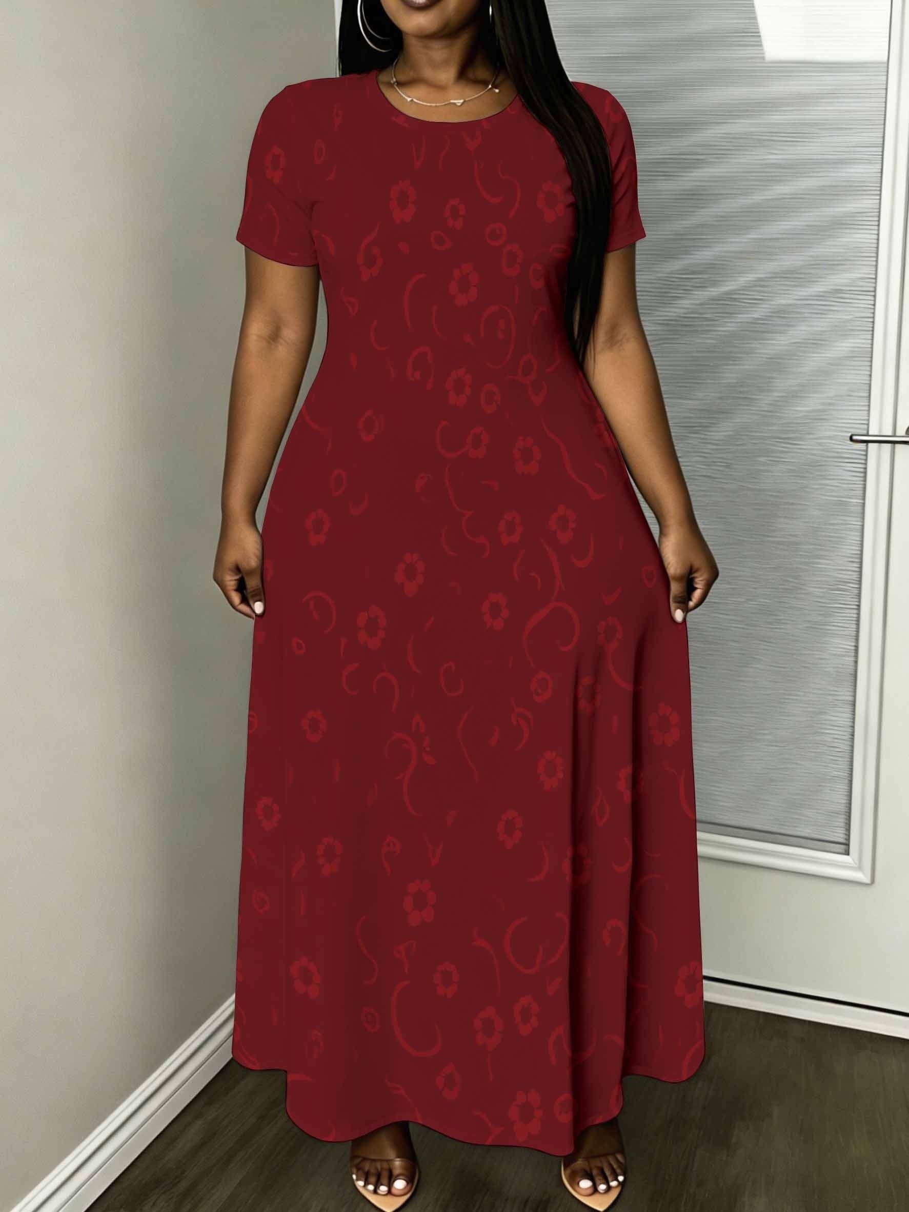 Short-Sleeved Belted Maxi Dress Floral Print Women'S Dress, Burgundy Short-Sleeved Midi Dress, Casual And Elegant Style, Suitable for Daily Wear And Light