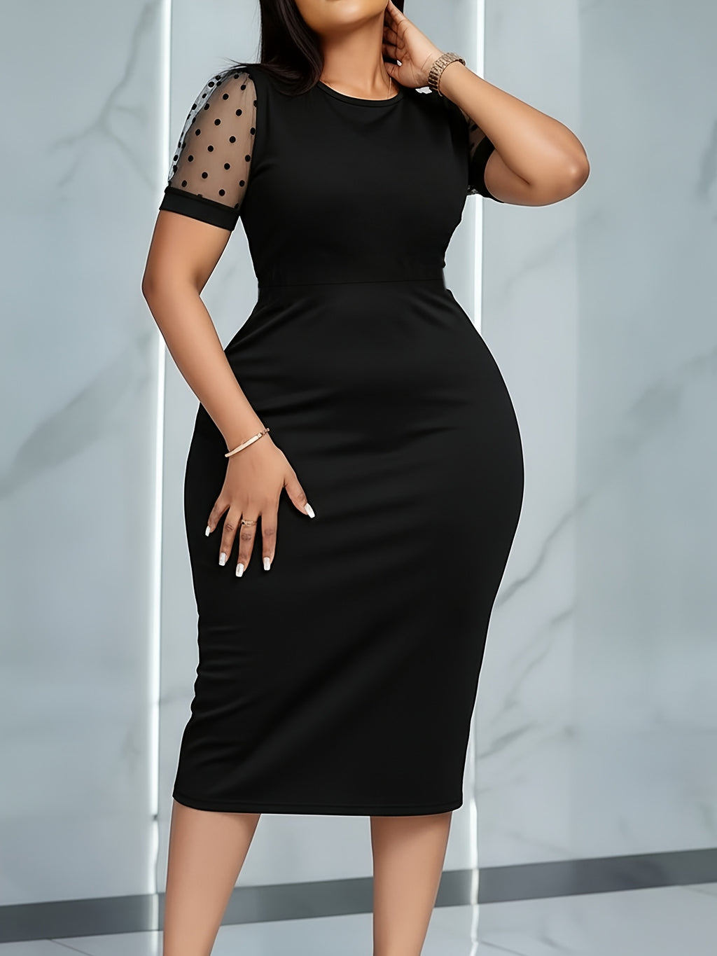 Women's Dress | Women's Black Round Neck Dress | Short Sleeve Polka Dot Transparent Splicing Midi Dress | Elegant and Stylish Office Daily Clothing