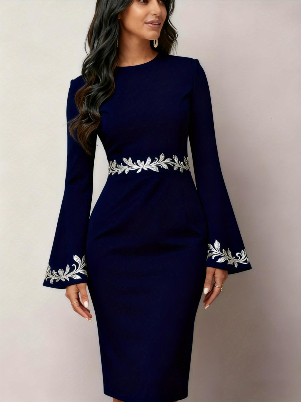 Sophisticated Women's Tailored Dress Featuring Flared Sleeves - Beautiful And Classy Print, Lightweight And Cozy Pencil Skirt, Knee-Length, Perfect for Different Events, And an Excellent Option for Holiday Presents