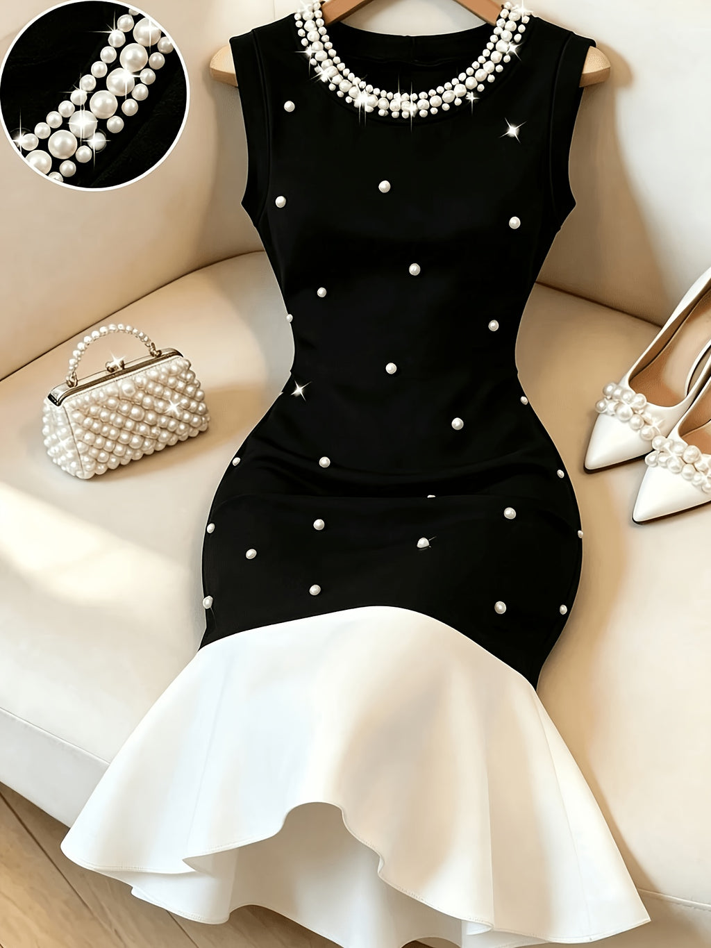 New Fashionable Elegant Sleeveless Summer Waist-Cinching Cropped Color-Block Collar Pearl-Embellished Women's Mini Dress