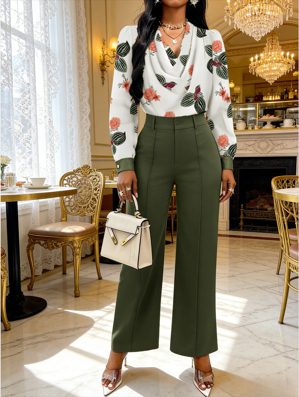 Ladies' Fashionable and Elegant Two-Piece Set - Long-Sleeved Floral Shirt + Olive Green Wide-Leg Pants | Suitable for Commuting, Parties, and Outings | Perfect Christmas Gift | Fashionable for All Seasons