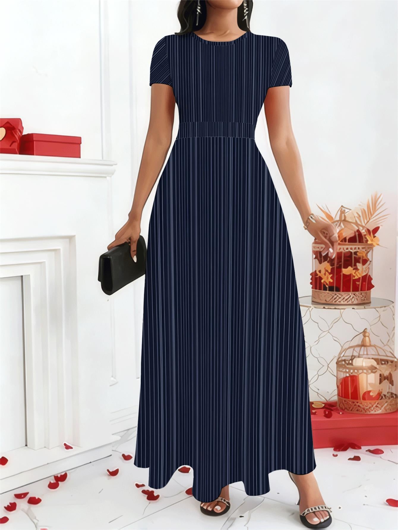 Plus Size, Women's Striped Full-Body Print Maxi Dress with Short Sleeves & High Waist - Wrinkle-Resistant Swing Dress Suitable for Work, Office, Party | Machine Washable Loose Flowy Dress for Summer, Vacation, Commute | Crew Neck -Line Dress