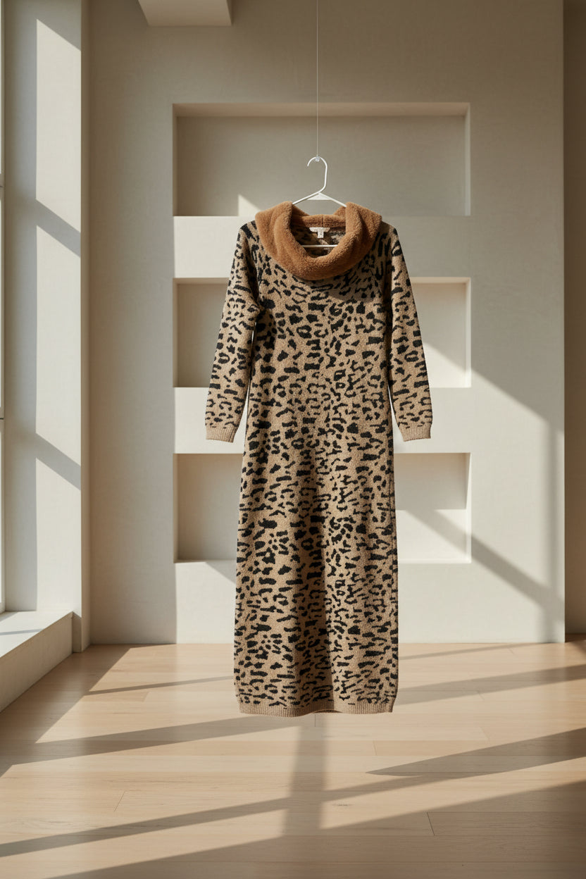 Leopard Fur Collar Sweater Dress — Pre-Loved