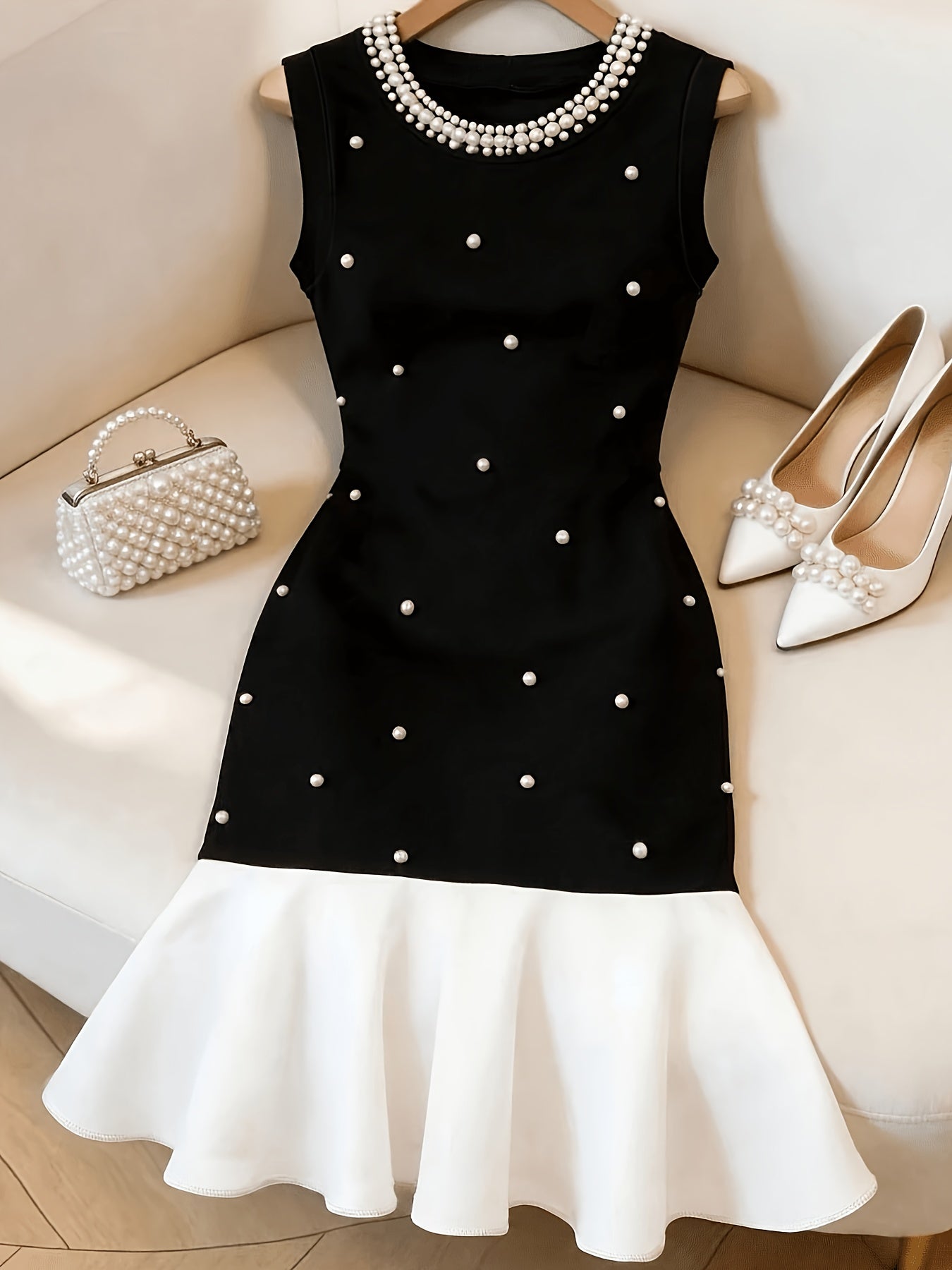 New Fashionable Elegant Sleeveless Summer Waist-Cinching Cropped Color-Block Collar Pearl-Embellished Women's Mini Dress