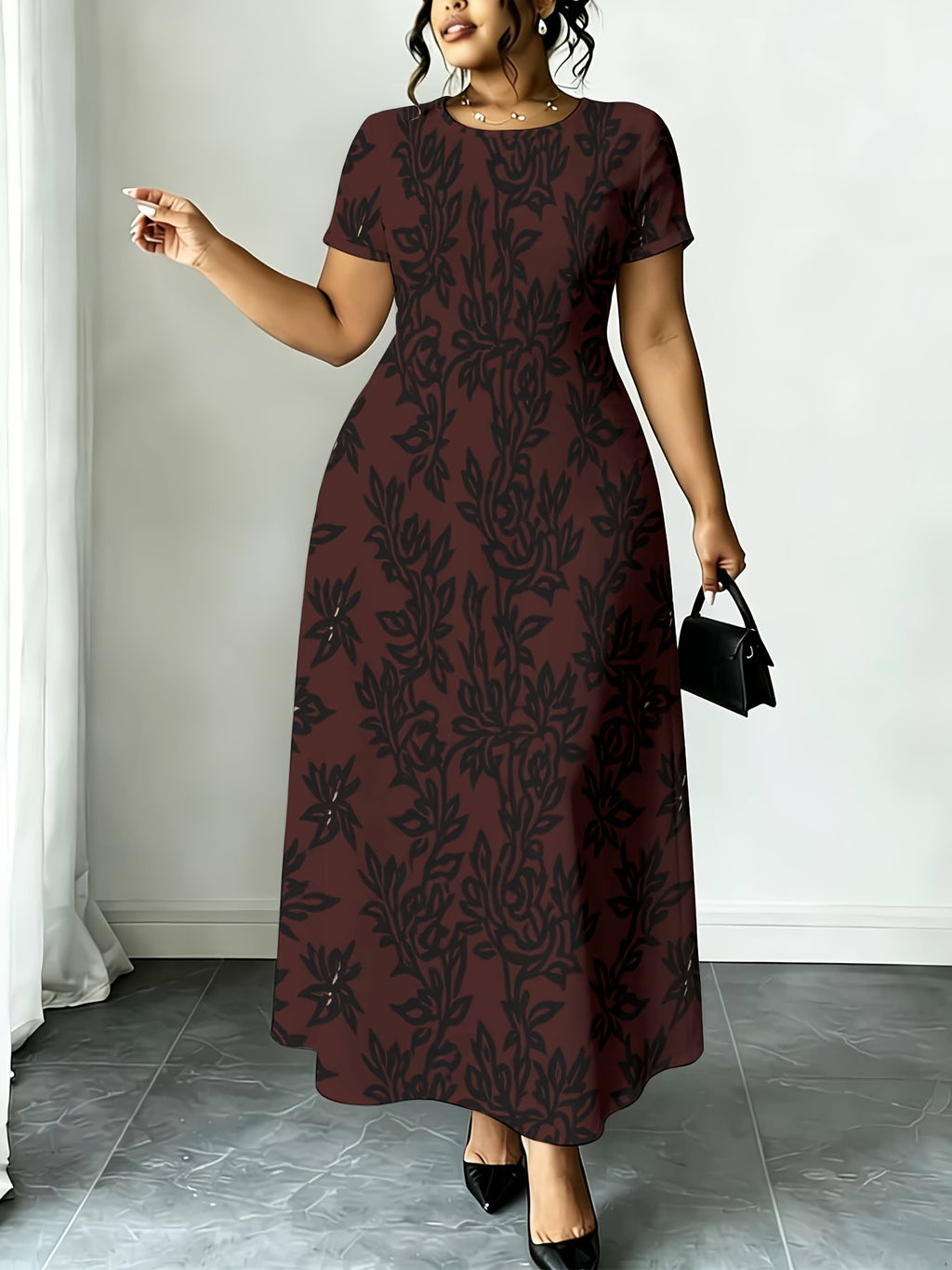 Floral Print Women'S Dress Plus Size Midi Dress Casual Elegant Style Dark Red with Black Pattern Short Sleeve Round Neck Loose Fit for Everyday Wear And Light Activities