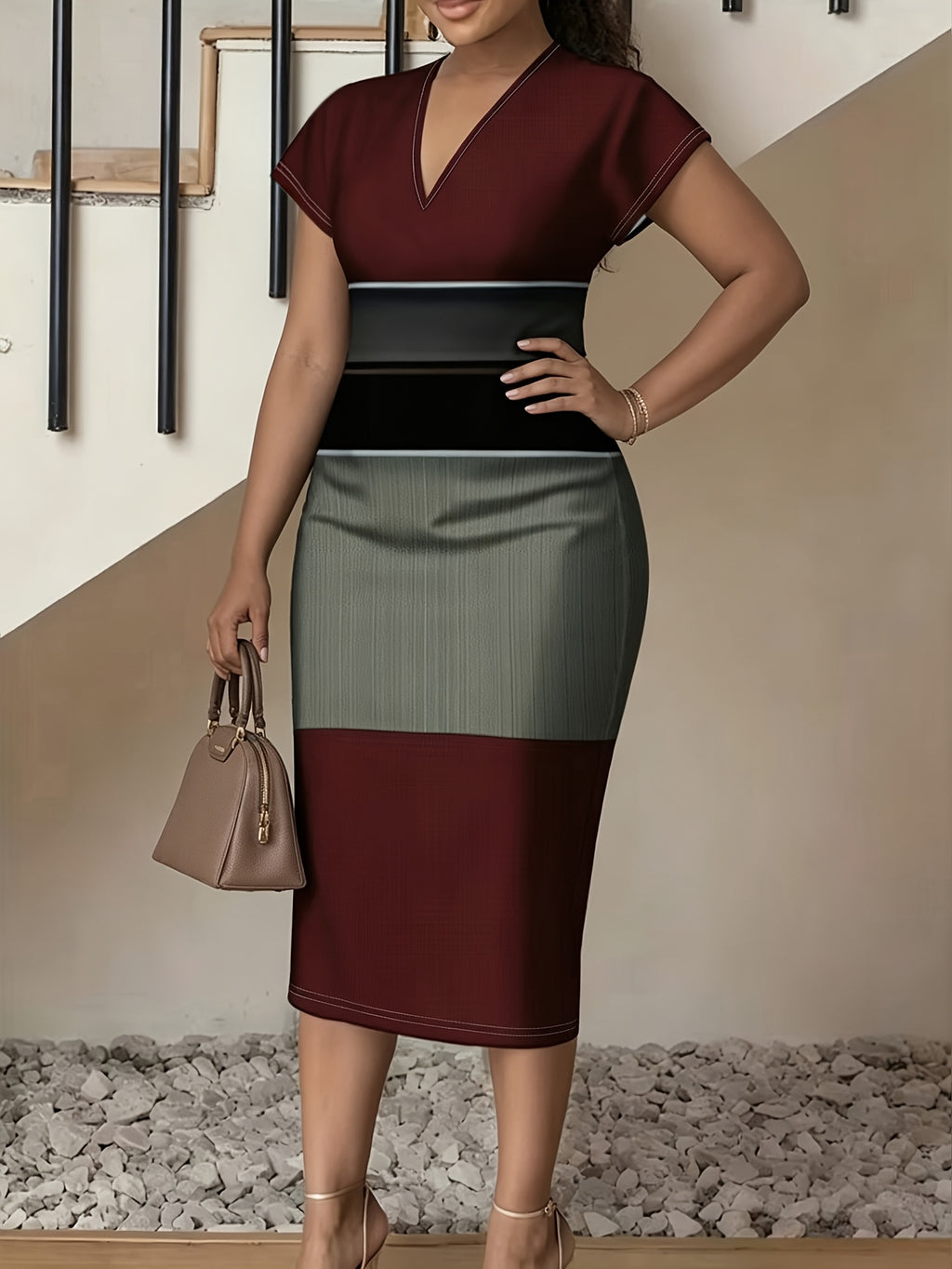 2026 Color Block Wine Red Patchwork V-Neck Slim Fit Sheath Midi Dress Bodycon Midi Dress High Waist Design Elegant Spring And Summer New Commuter Temperament Dress