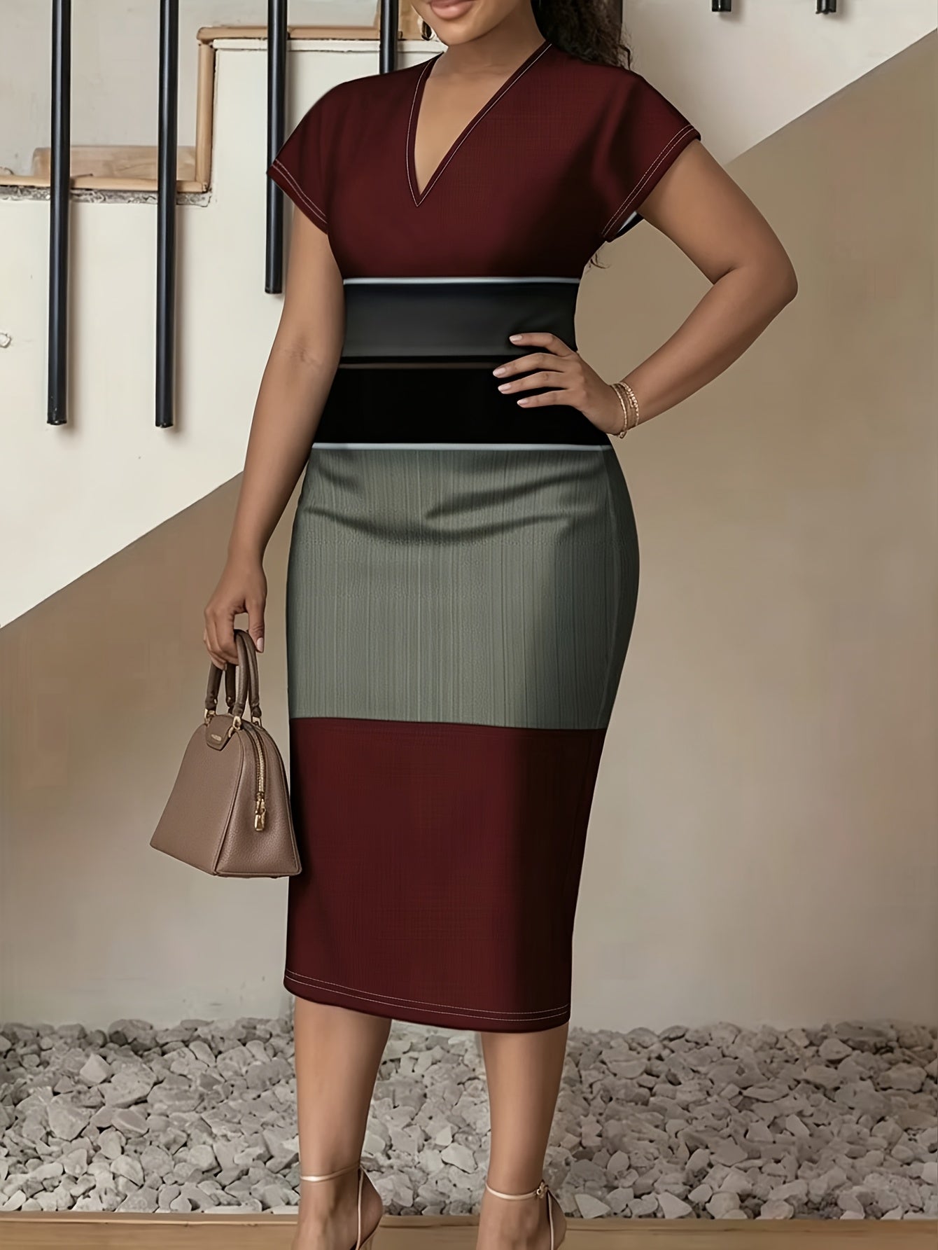2026 Color Block Wine Red Patchwork V-Neck Slim Fit Sheath Midi Dress Bodycon Midi Dress High Waist Design Elegant Spring And Summer New Commuter Temperament Dress