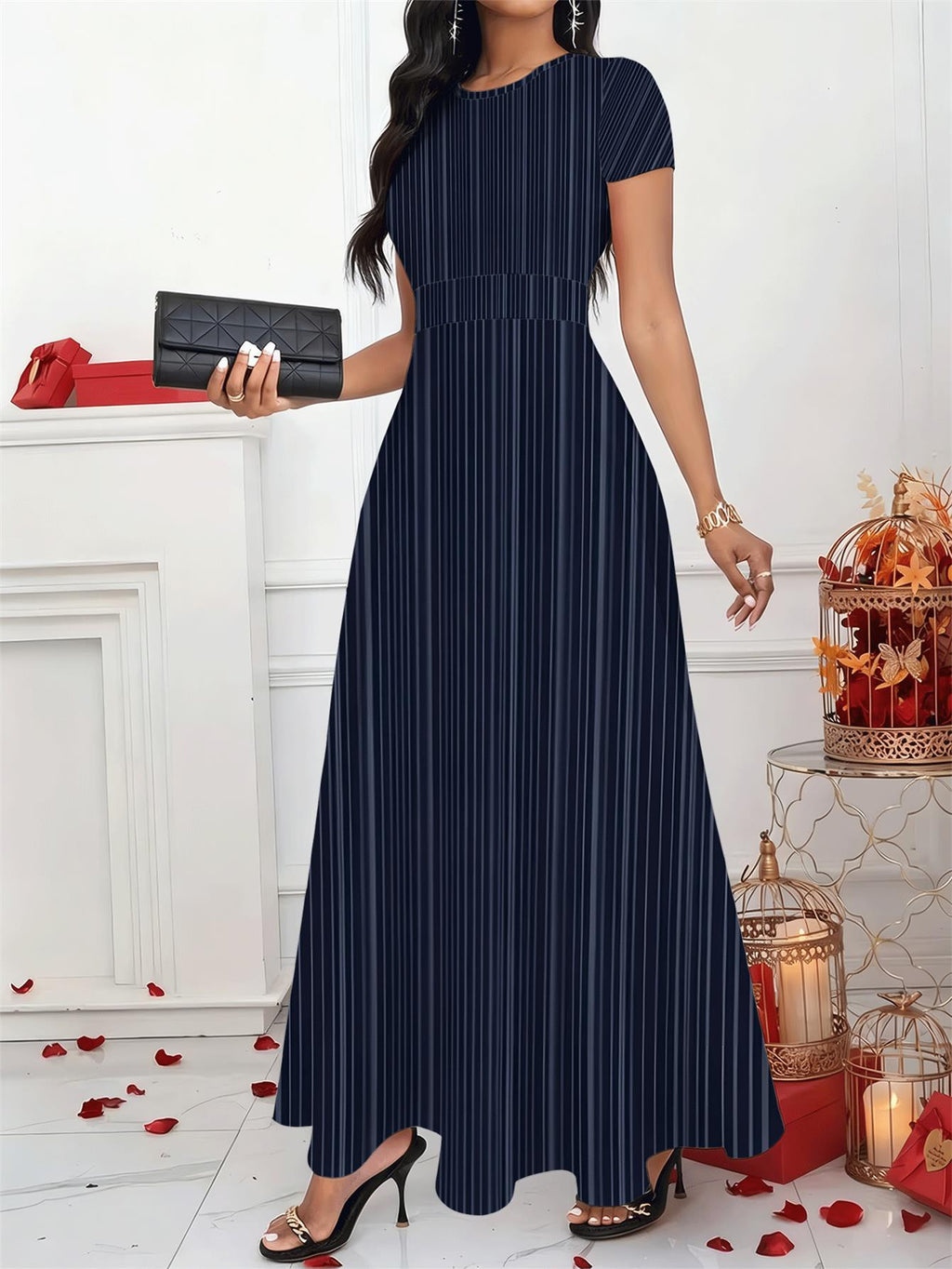Plus Size, Women's Striped Full-Body Print Maxi Dress with Short Sleeves & High Waist - Wrinkle-Resistant Swing Dress Suitable for Work, Office, Party | Machine Washable Loose Flowy Dress for Summer, Vacation, Commute | Crew Neck -Line Dress