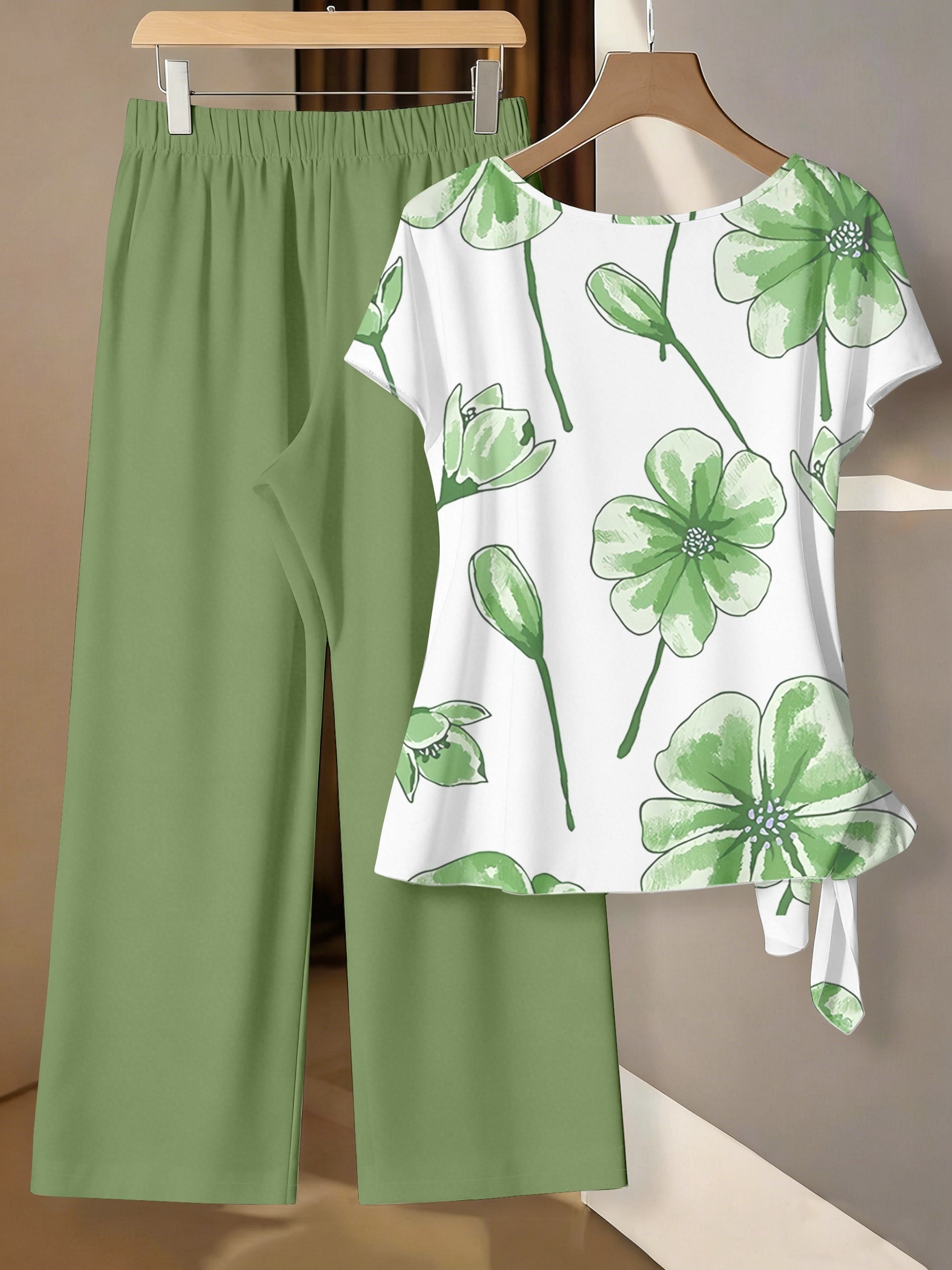 Fashion Printed Side-Tie Top And Long Pants Two-Piece Set for Parties And Events, Elegant Women'S Wear, Summer Fashion Style, Women'S Two-Piece Set, Office And Business Attire, Business Casual Women'S Clothing, Holiday Festive Outfit, Concert Wear