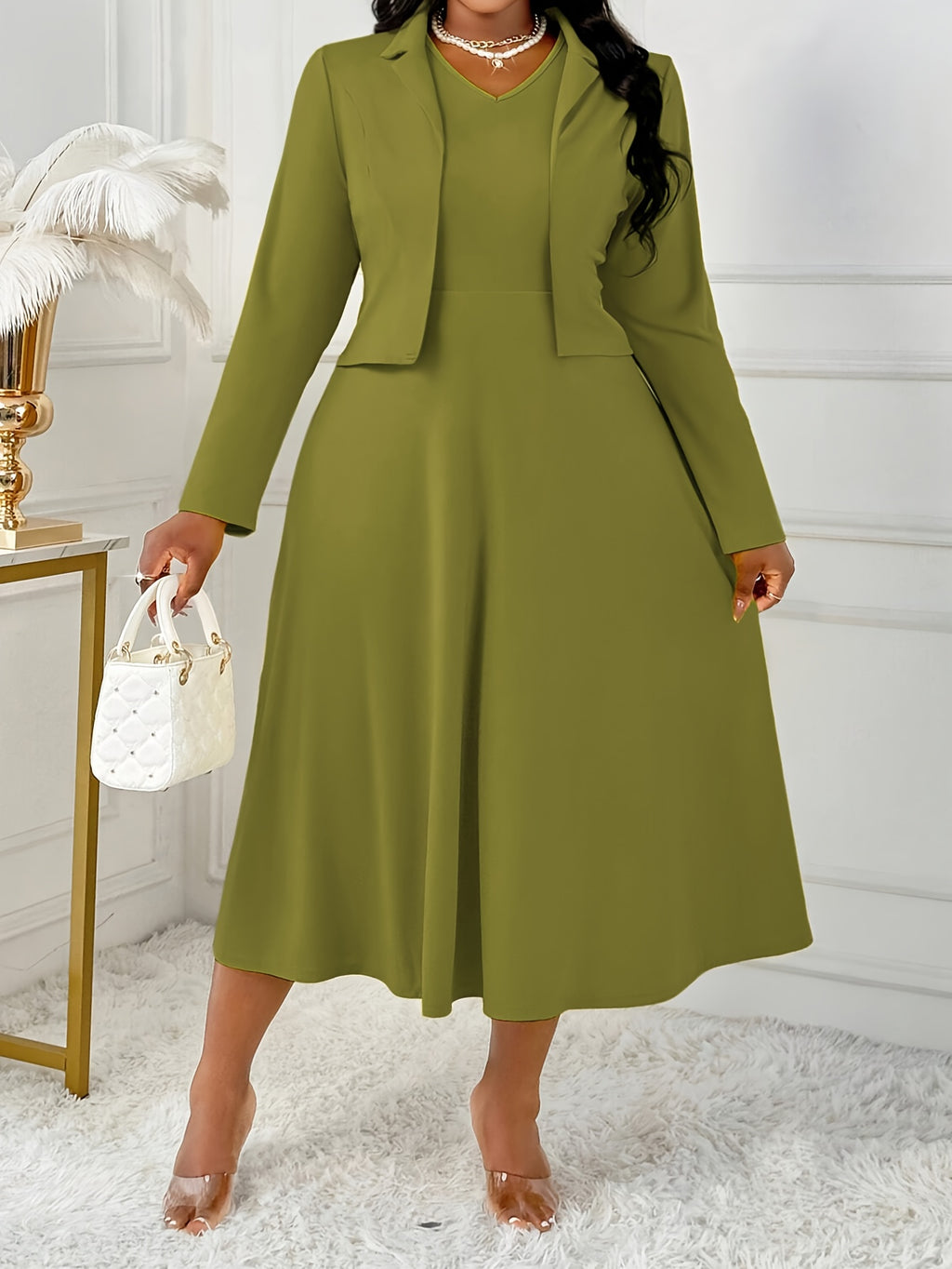 Plus Size - Plus Size - Plus Size Women'S Temperament Elegant Solid Color Long Sleeve Lapel Coat And V-Neck Vest Dress Set