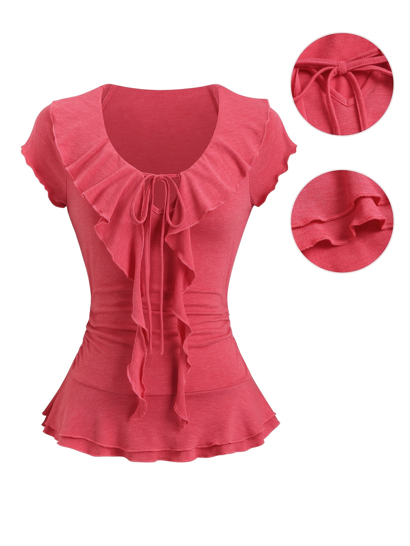 Women'S Spring And Summer Solid Color Short-Sleeved Round Neck Tie Romantic Ruffle Design Soft, Light, Slim, Casual, Cute T-Shirt
