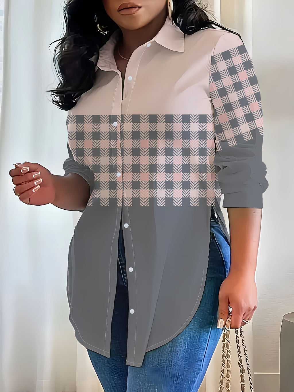 Women's Chic Gradient Plaid Long Sleeve Blouse - Casual Single-Breasted, Lightweight, Split Hem, Button Detail, Versatile Lapel Collar, Sizes S-XXL, Casual Wear Blouse|Plaid Pattern Shirt|Machine Washable