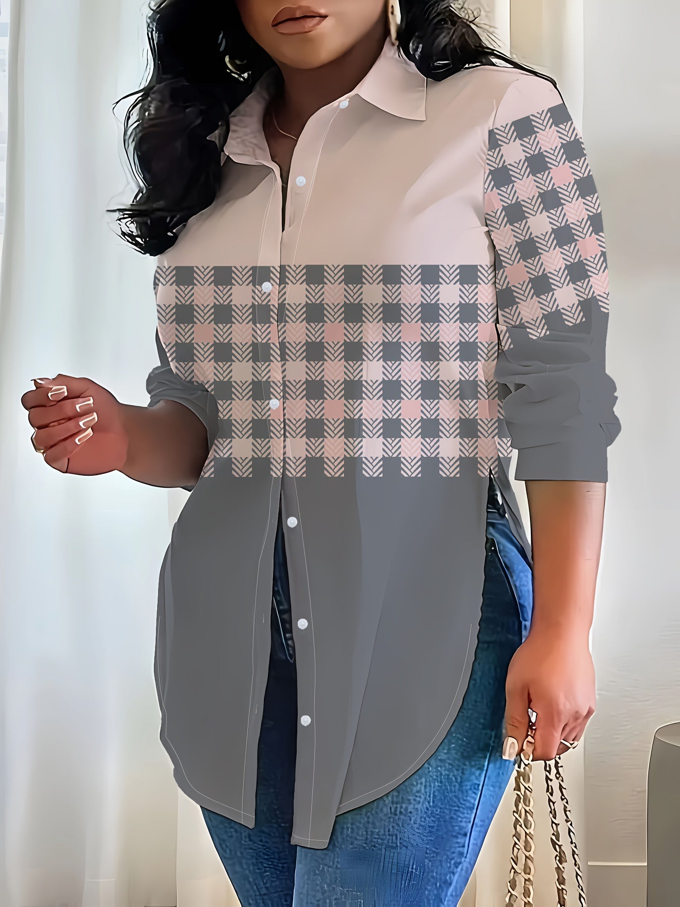 Women's Chic Gradient Plaid Long Sleeve Blouse - Casual Single-Breasted, Lightweight, Split Hem, Button Detail, Versatile Lapel Collar, Sizes S-XXL, Casual Wear Blouse|Plaid Pattern Shirt|Machine Washable