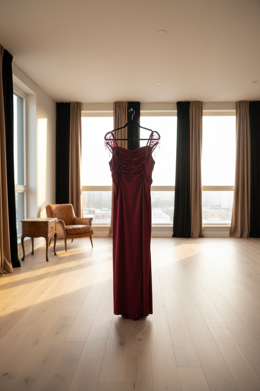 Burgundy long dress with ruched bodice and beaded lace straps on hanger